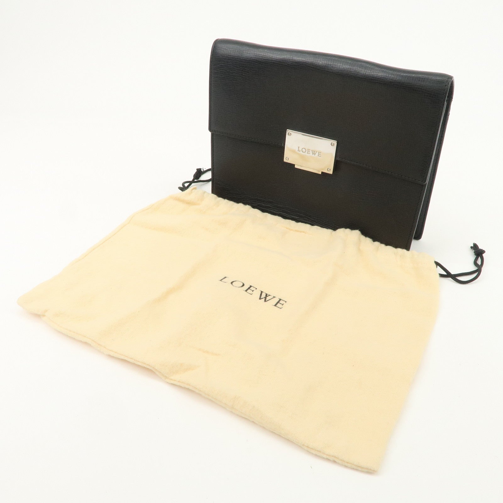 LOEWE Logo Leather Clutch Bag Black Silver Hardware