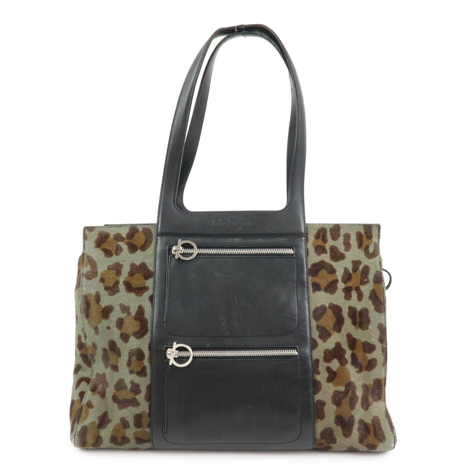 Ferragamo Gancini Unborn Calf Leather Tote Bag Shoulder Bag Leopard