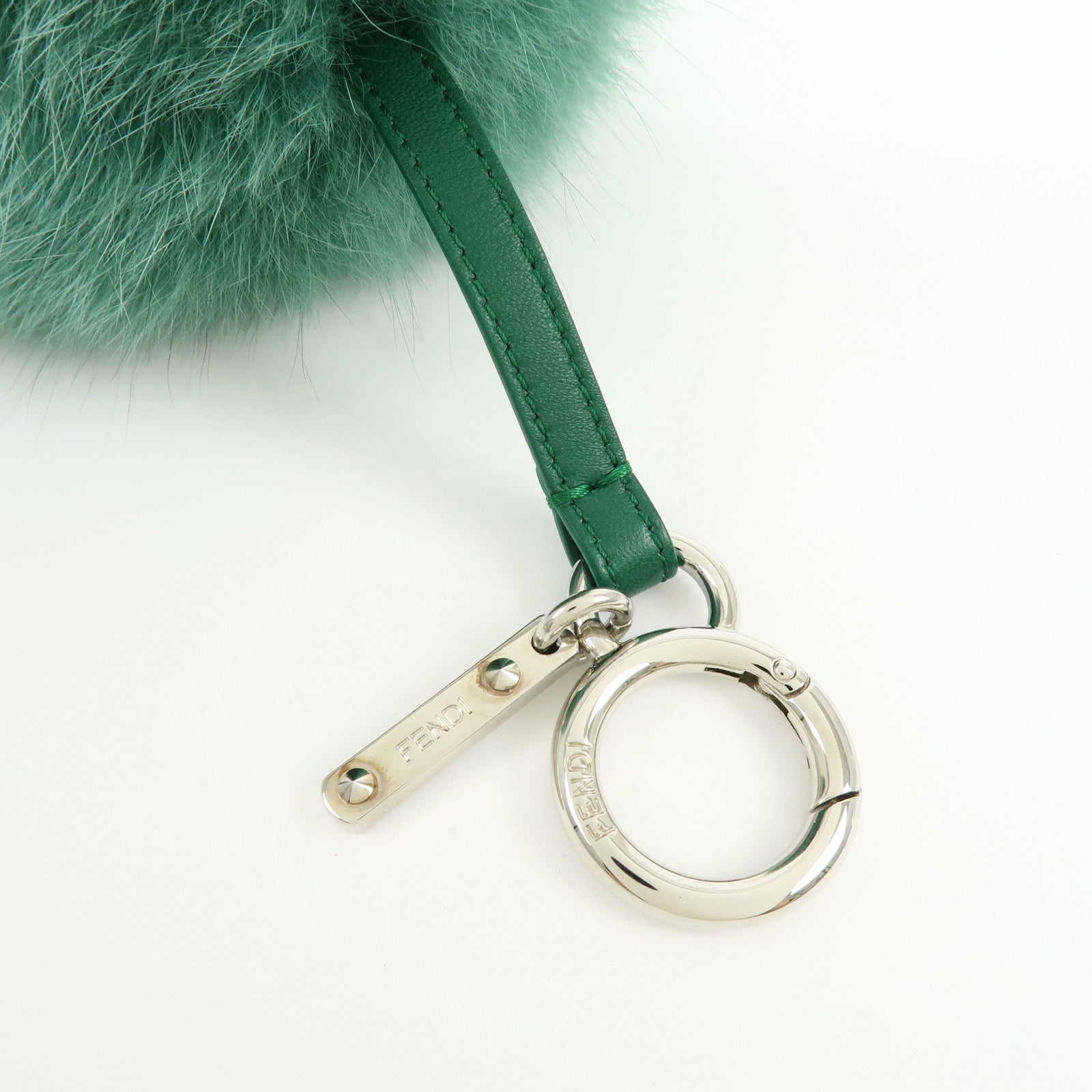 FENDI Pom Pom Fur Metal Key Chain Bag Charm Initial D Green 7AR259