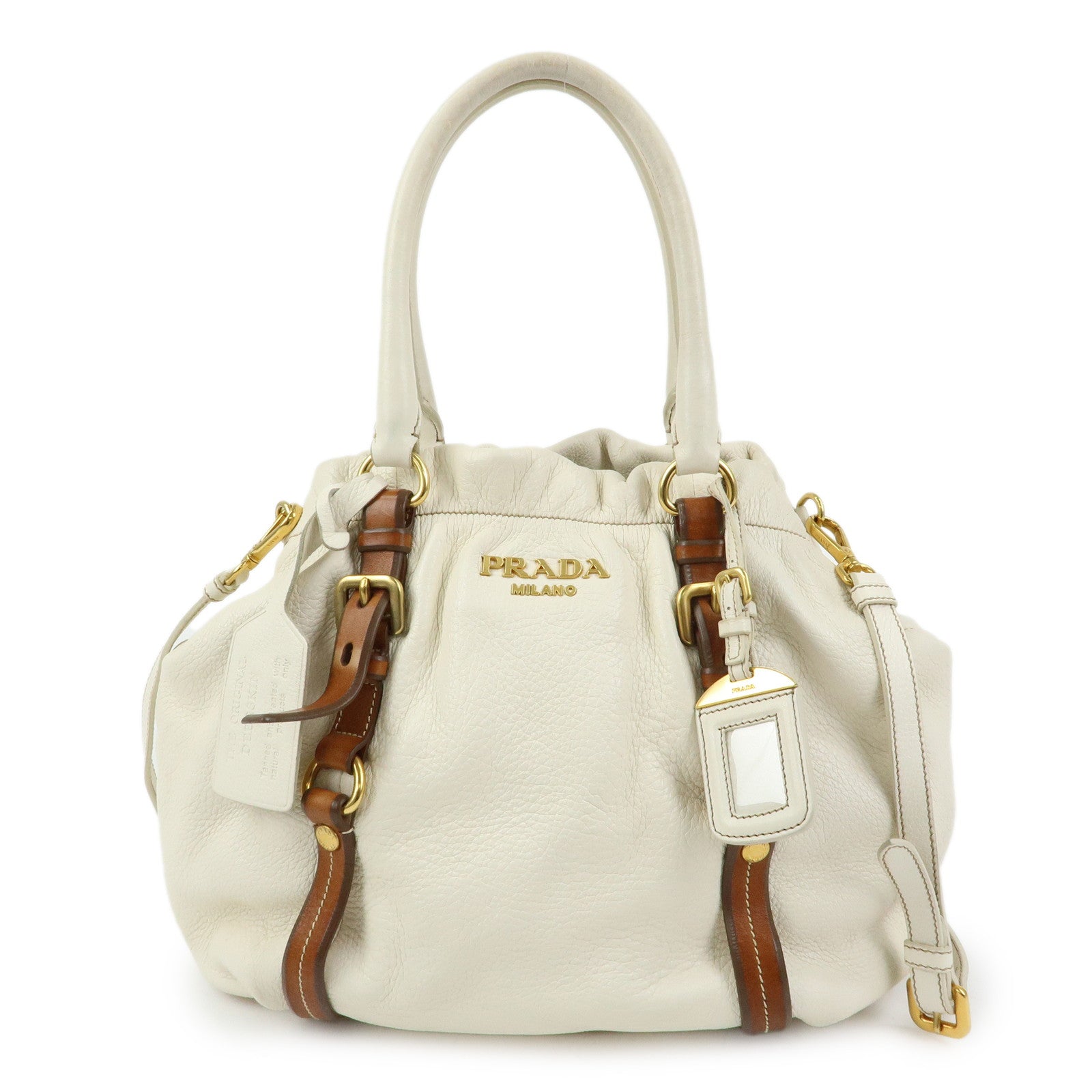 PRADA Leather 2Way Bag Hand Bag Shoulder Bag Ivory Brown BN1773
