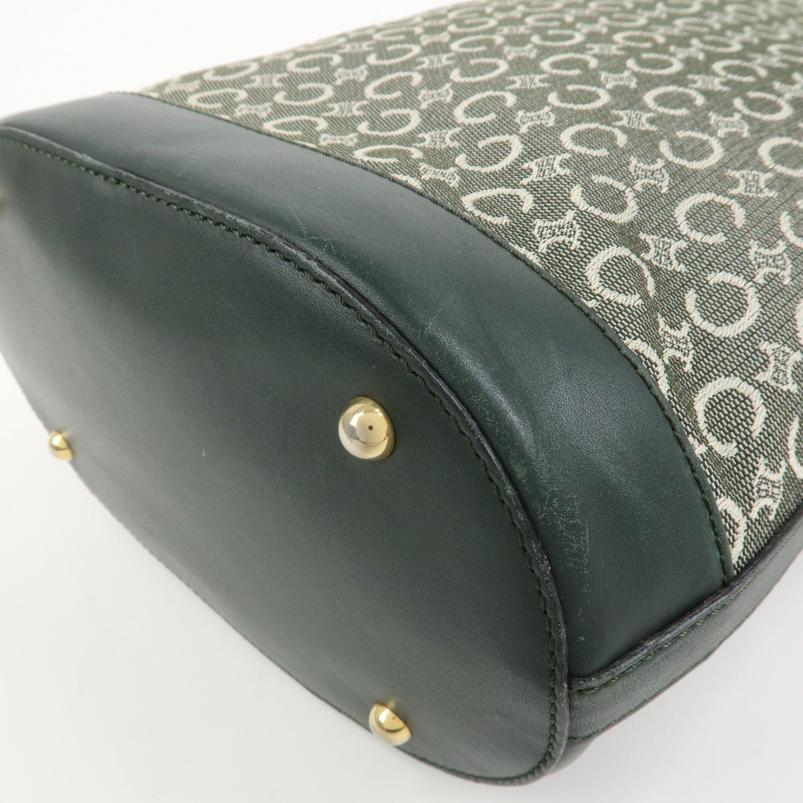 CELINE C Macadam Canvas Leather Tote Bag Shoulder Bag Dark Green