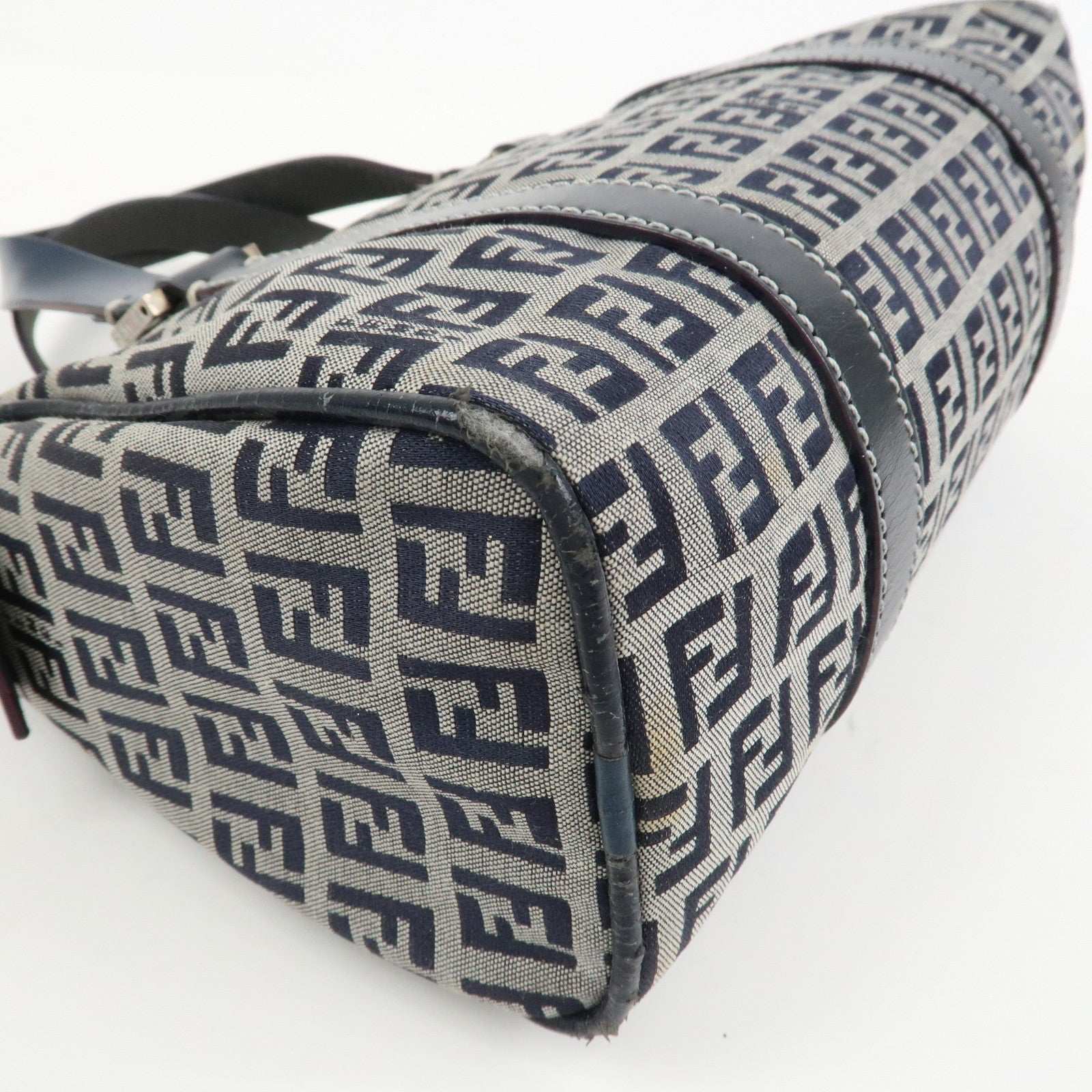 FENDI Zucchino Canvas Leather Hand Bag Mini Boston Bag Navy 16327
