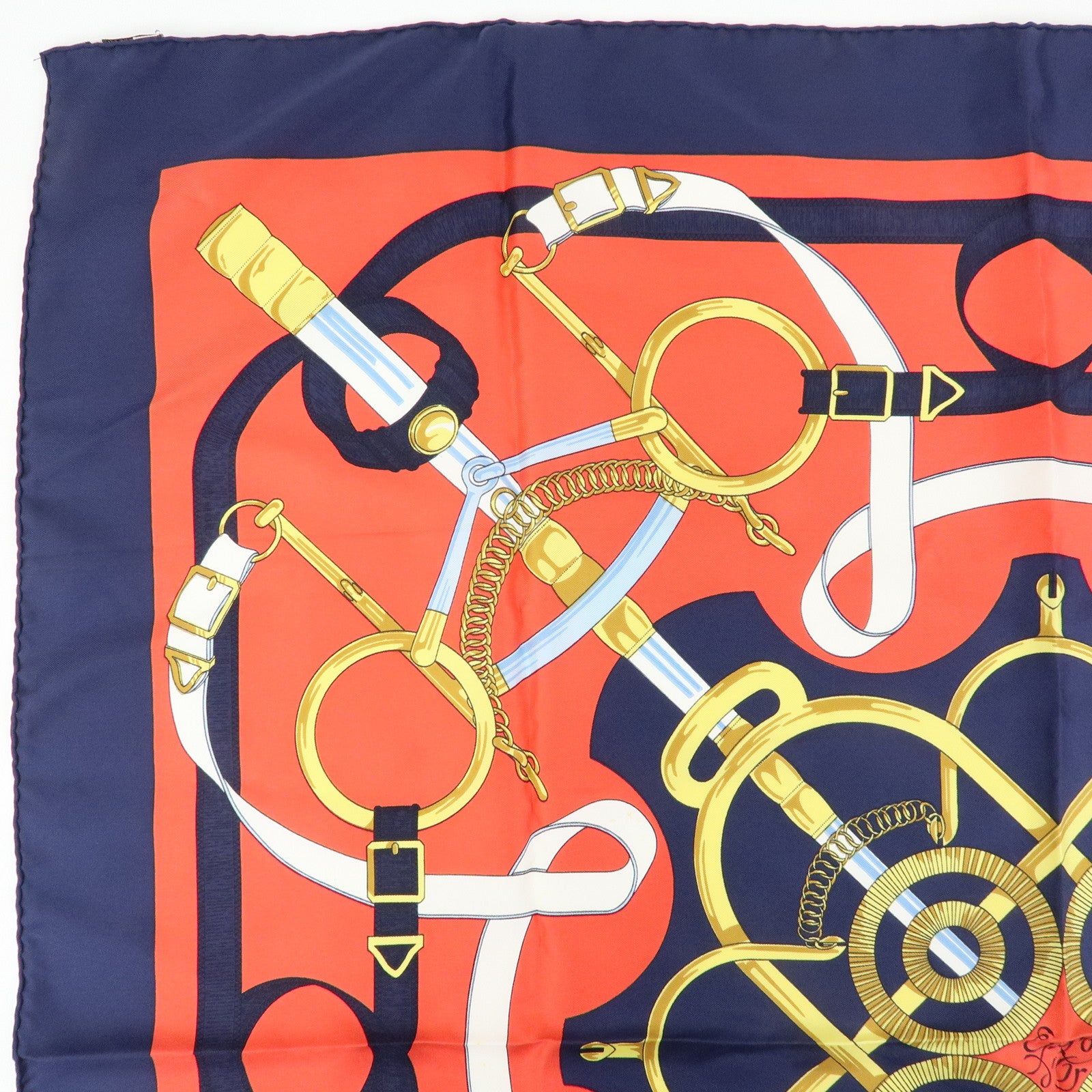 HERMES Carre 90 Silk 100% Scarf  Eperon d'or Navy White Yellow Red