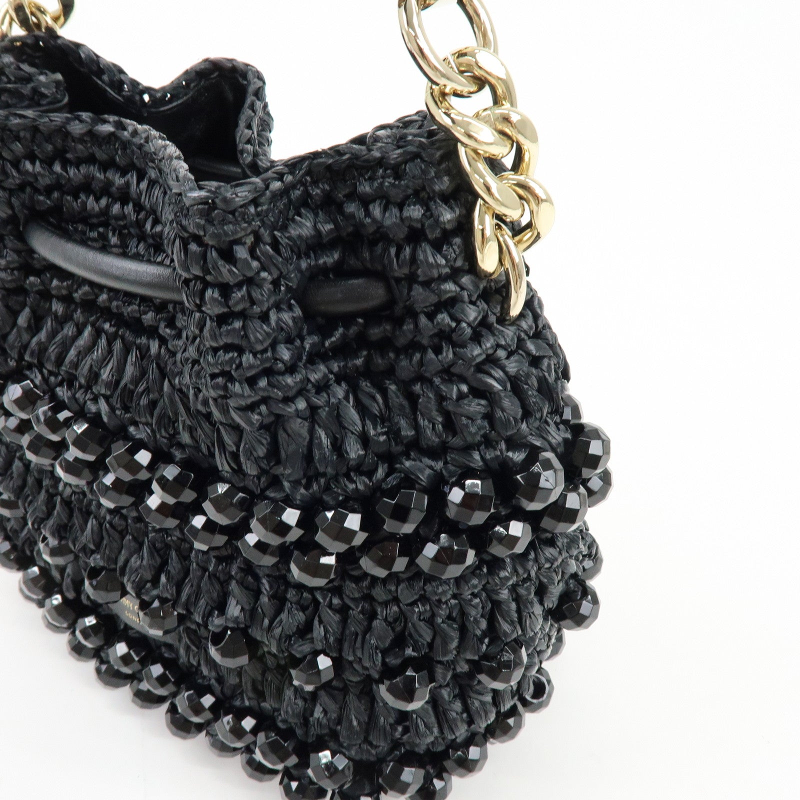 JIMMY CHOO BON BON Raffia Beads Leather 2Way Mini Bag Black