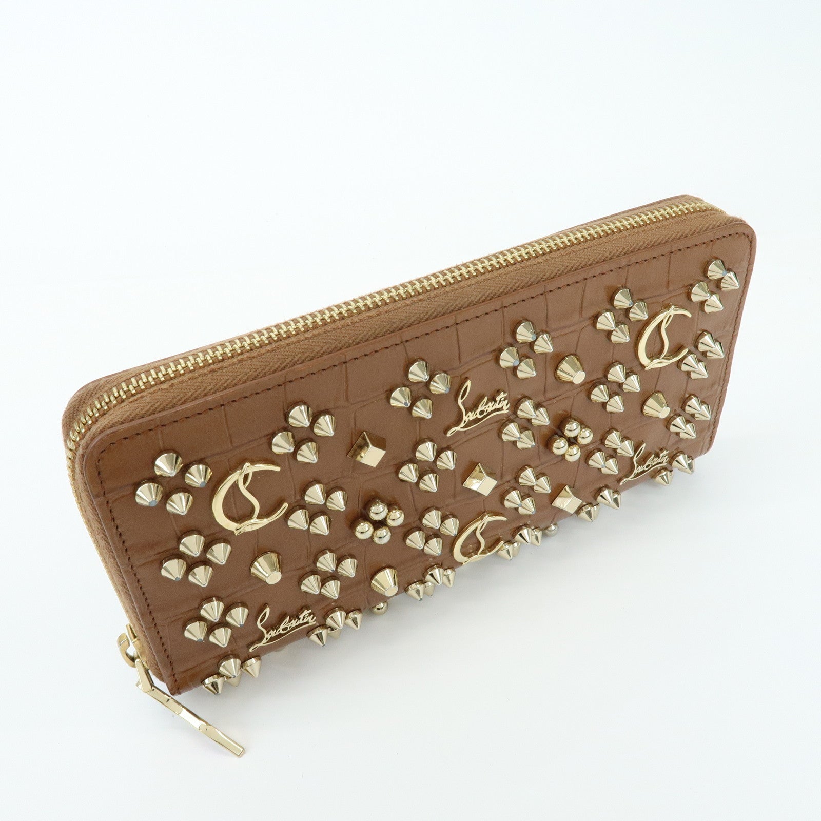 Christian Louboutin Embossed Leather Long Wallet Studs Brown