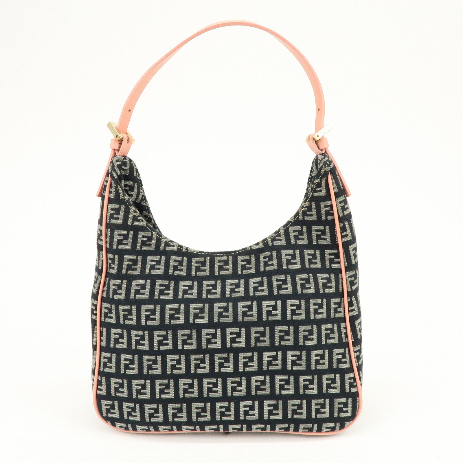 FENDI Zucchino Canvas Leather Hand Shoulder Bag Navy Pink 8BR158