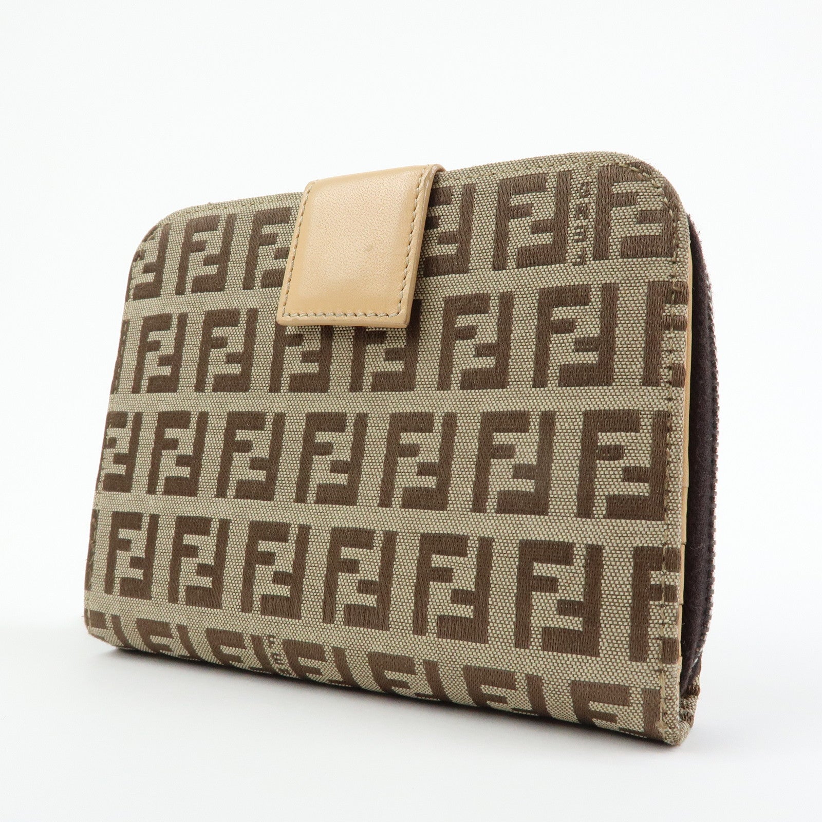 FENDI Zucchino Canvas Leather Compact Wallet Beige 8M0018