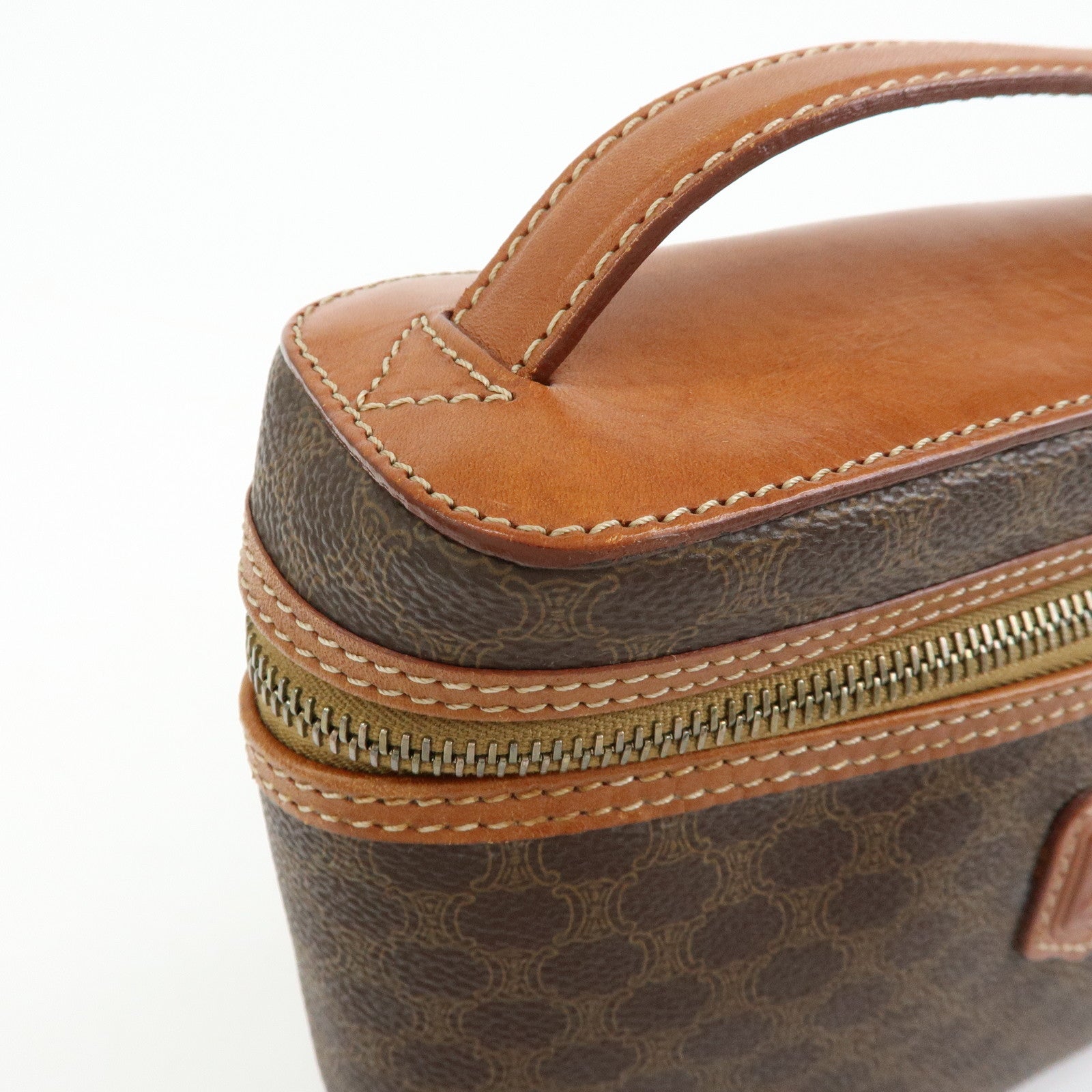 CELINE Macadam PVC Leather Vanity Hand Bag Makeup Bag Brown