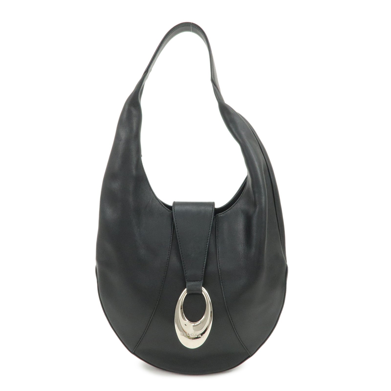 BVLGARI Leather Shoulder Bag Hand Bag Black Silver
