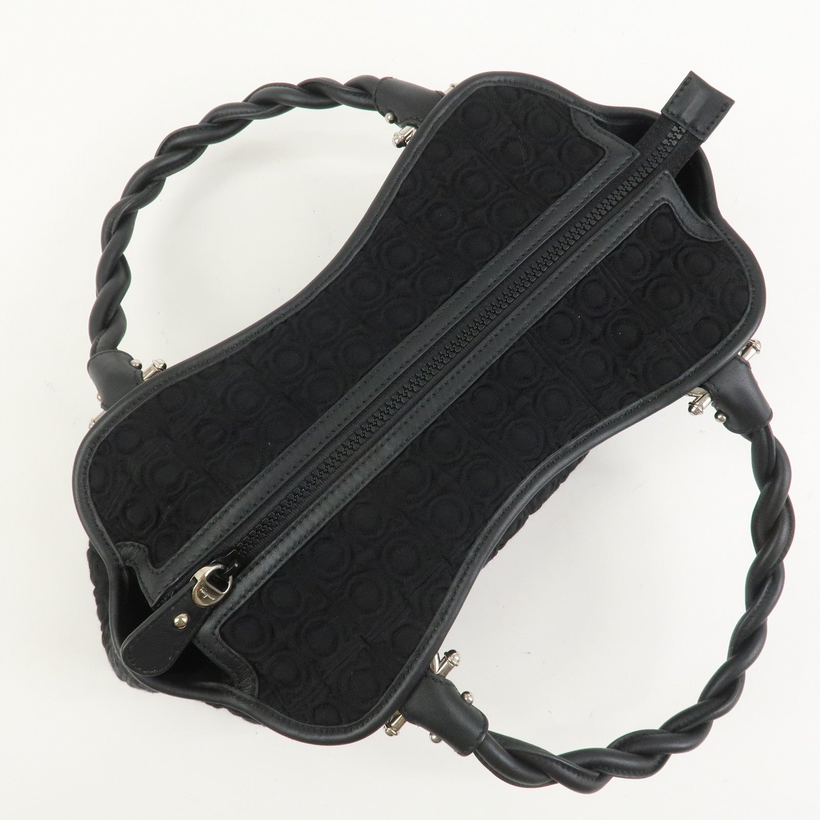 Ferragamo Gancini Canvas Leather Hand Bag Black Silver