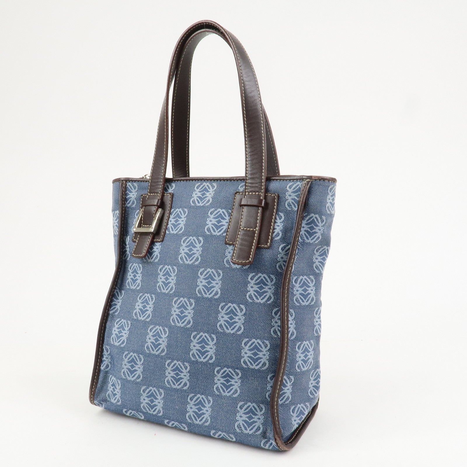 LOEWE Repeat Anagram Canvas Leather Tote Bag Hand Bag Blue Brown