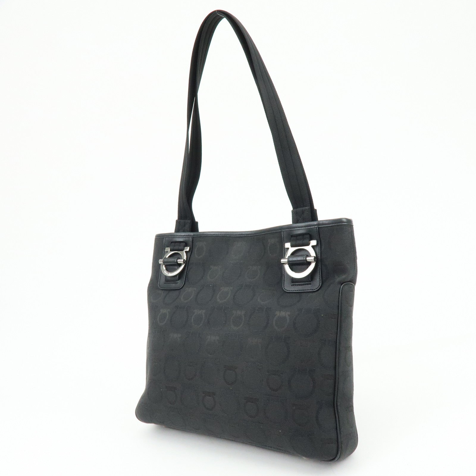 Ferragamo Gancini Canvas Leather Tote Bag Shoulder Bag Black