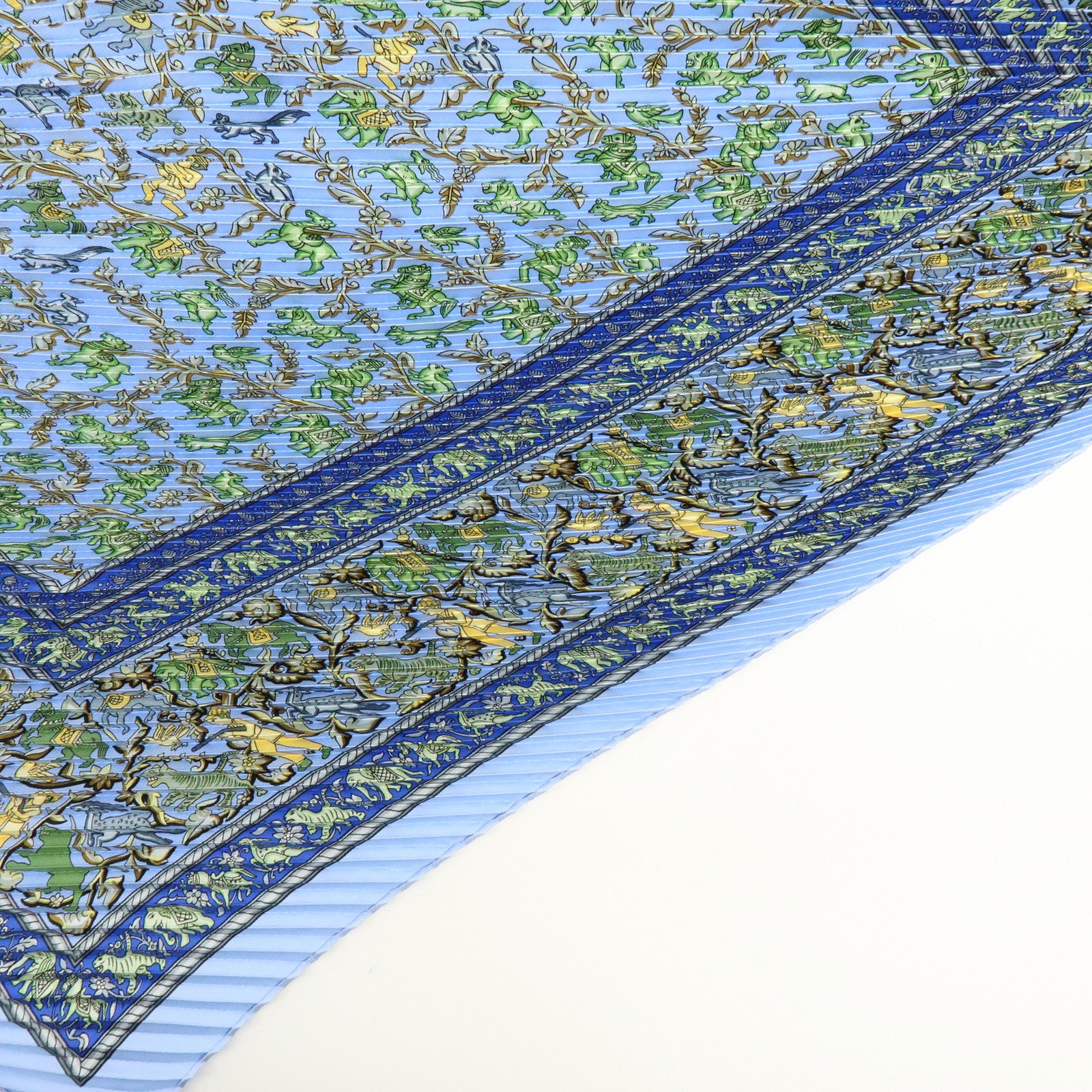 HERMES Pleats Carre Silk 100% Scarf CHASSE EN INDE Blue