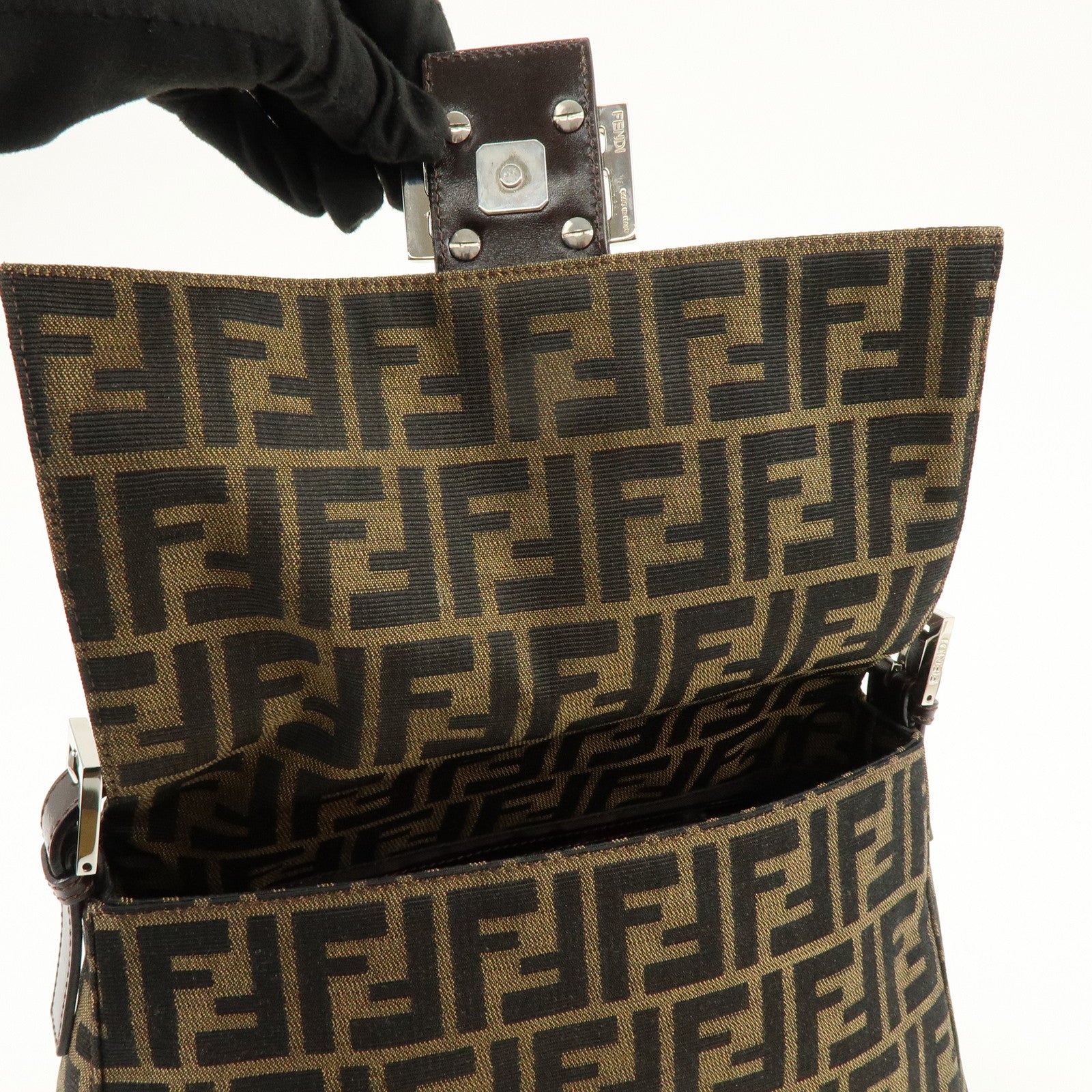 FENDI Mamma Baguette Zucca Canvas Leather Shoulder Hand Bag 26325