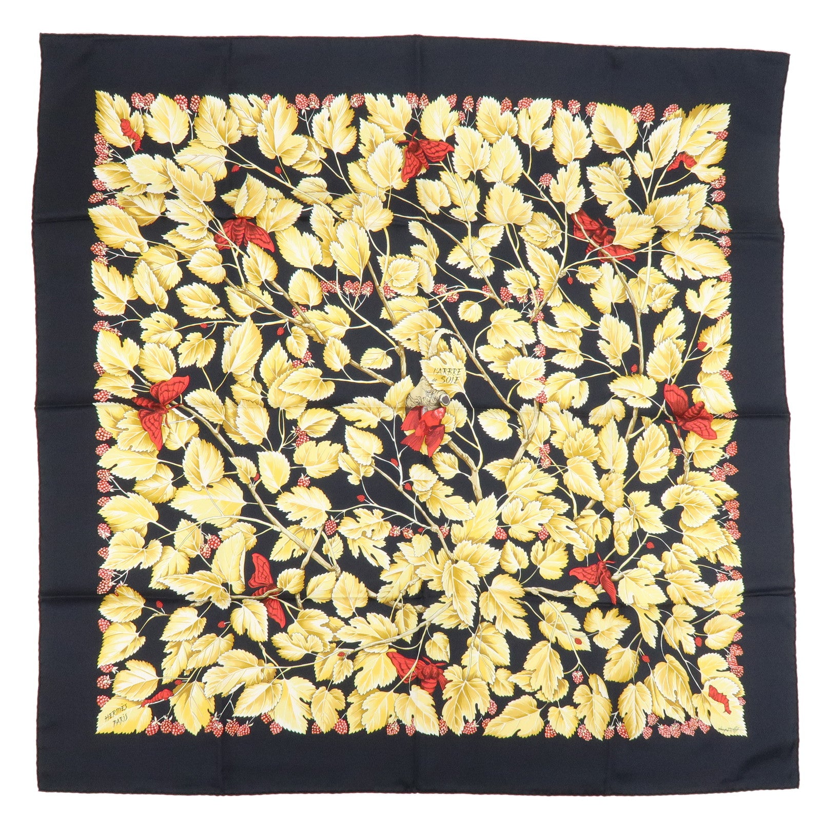 HERMES Carre 90 Silk 100% Scarf l'ARBRE de SOiE Black Yellow Red