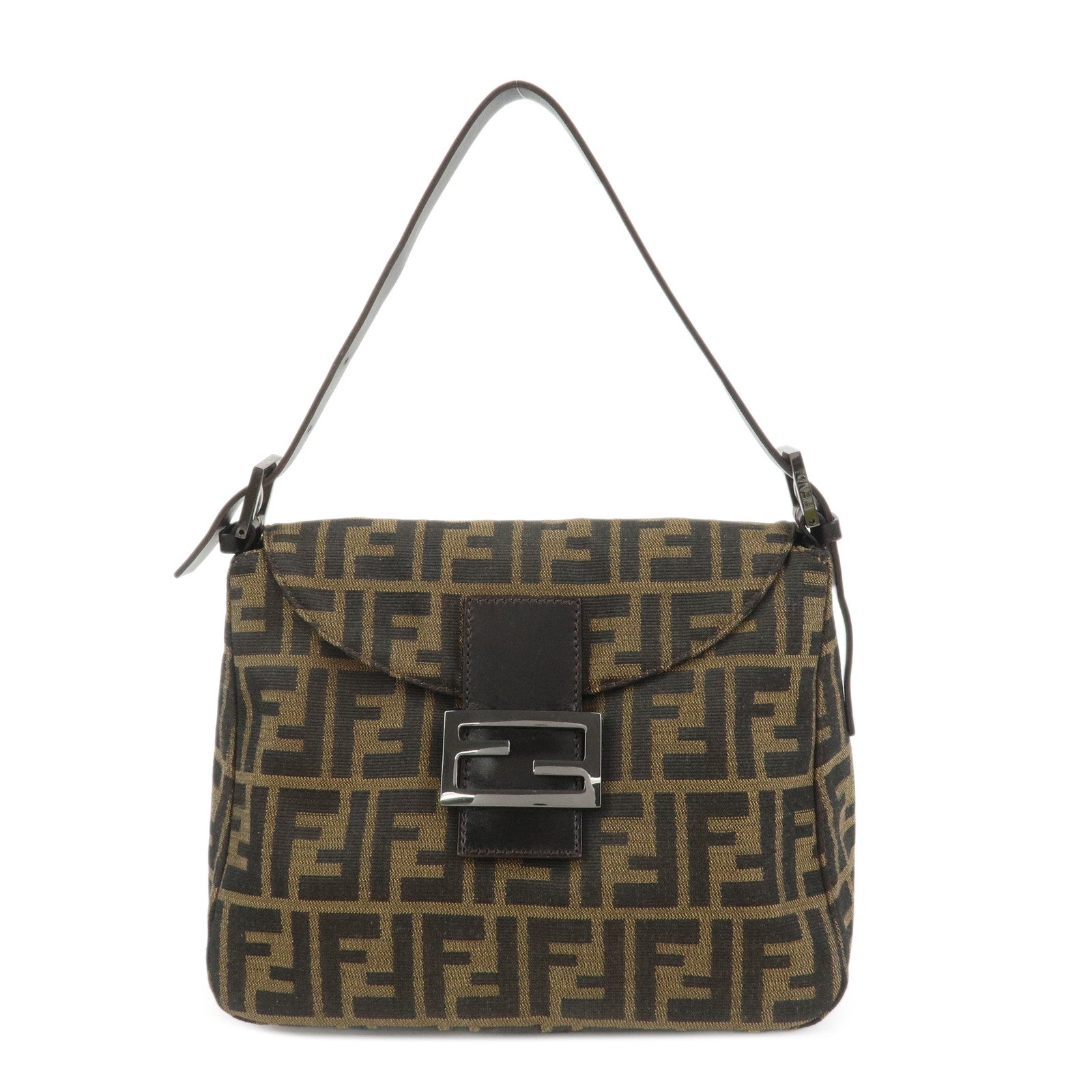 FENDI Mamma Baguette Zucca Leather Canvas Shoulder Bag Brown 8BR004