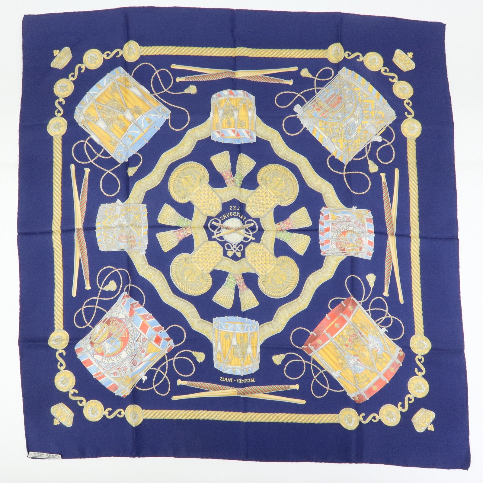 HERMES Carre 90 Silk 100% Scarf LES TAMBOURS Navy Gold