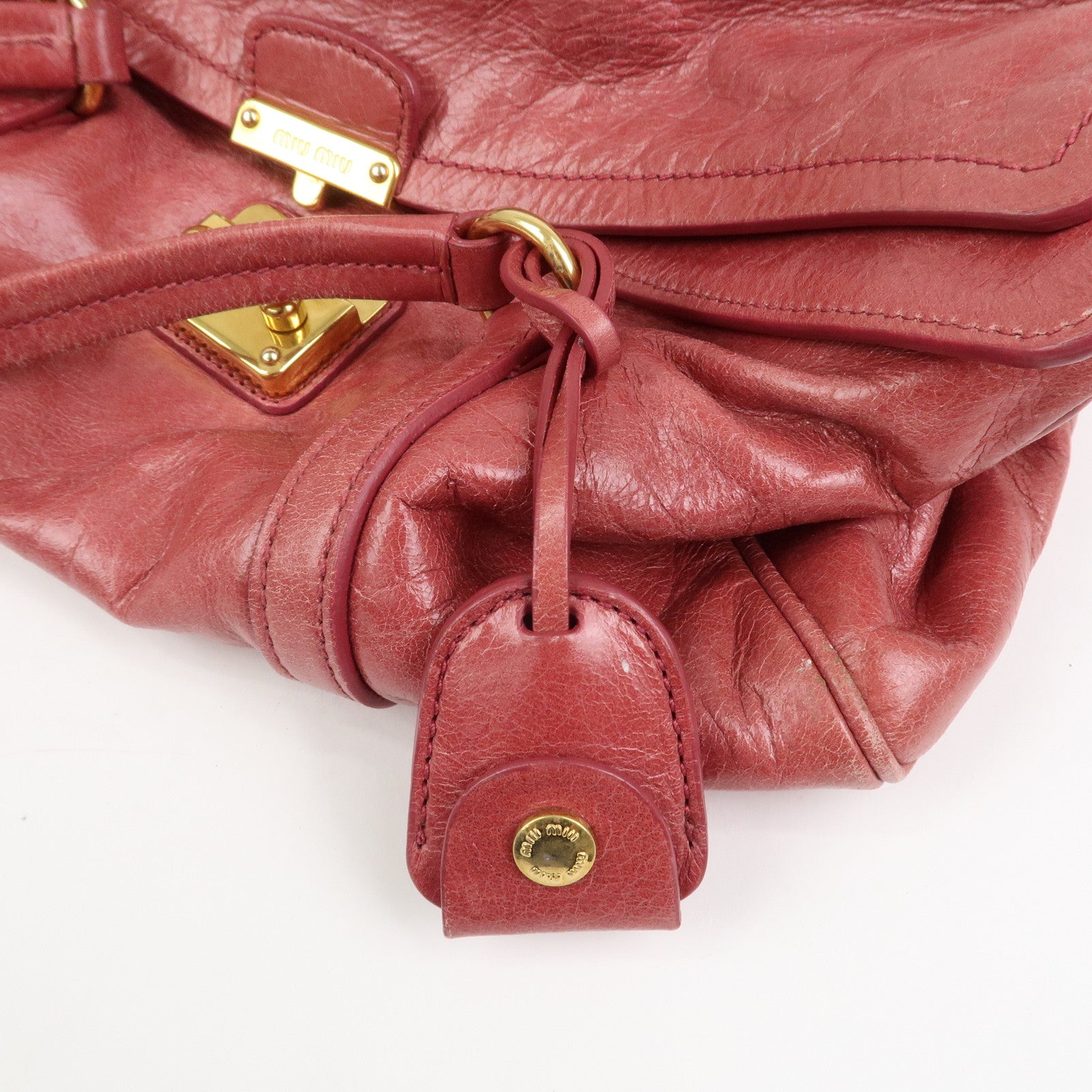 MIU MIU Logo Leather Shoulder Bag Boston Bag Pink RR1941