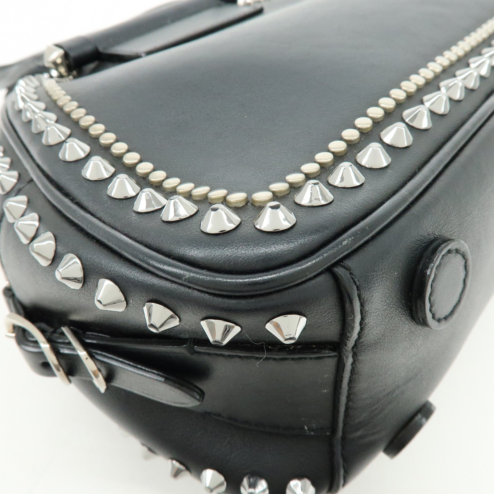 JIMMY CHOO Varenne Leather Bowling Bag Hand Bag Studs Black