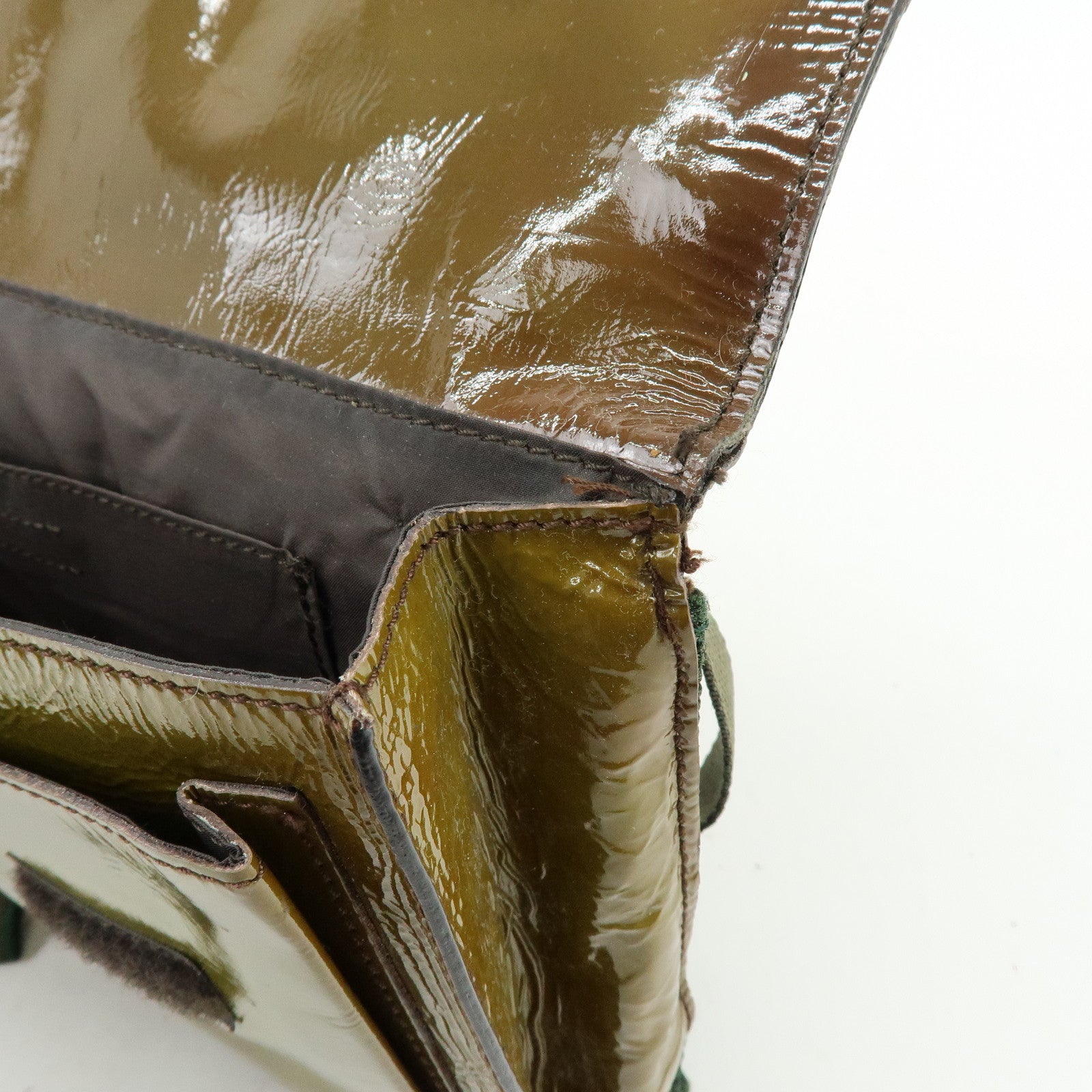 MIU MIU Patent Leather Nylon Shoulder Bag Khaki Brown