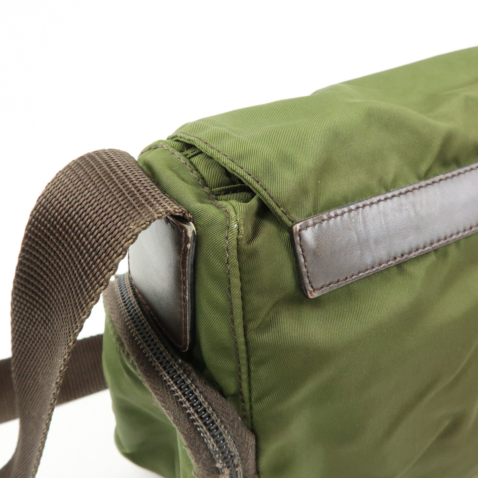 PRADA Triangle Logo Nylon Leather Shoulder Bag Khaki Brown