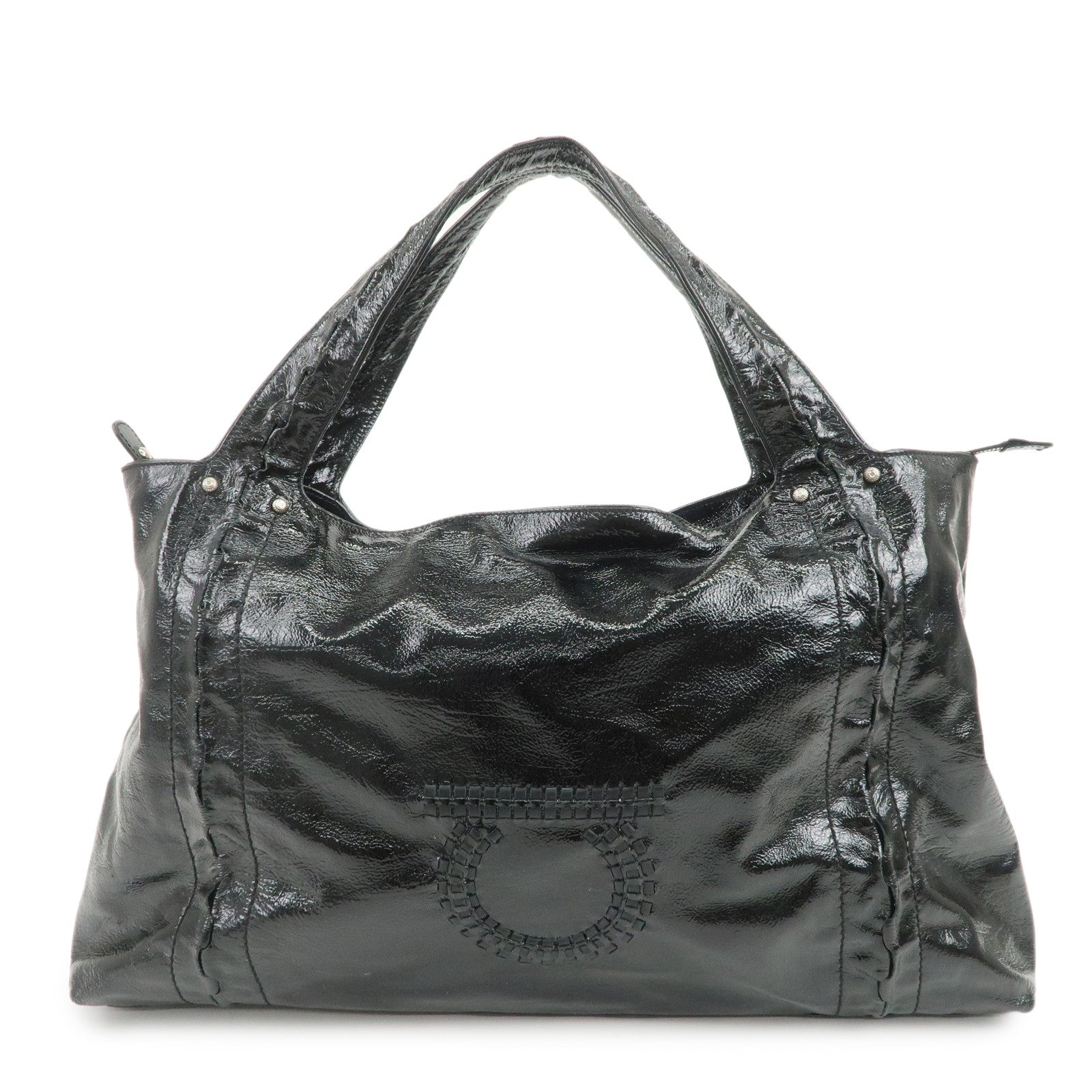 Ferragamo Gancini Logo Patent Leather Tote Bag Shoulder Bag Black