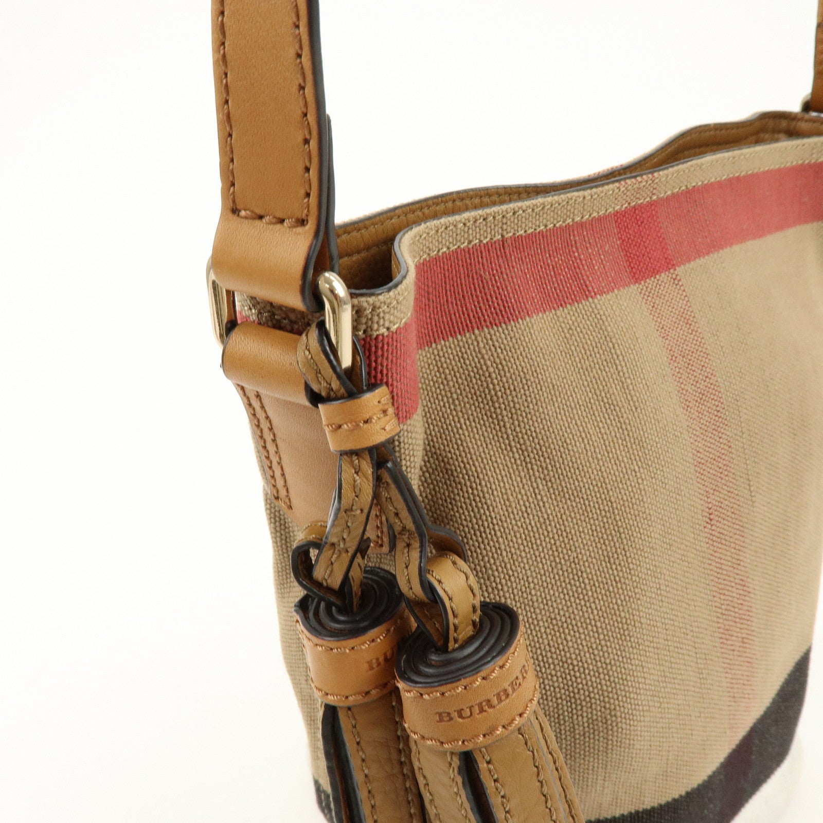 BURBERRY Nova Plaid Canvas Leather Tassel Shoulder Bag Beige Camel