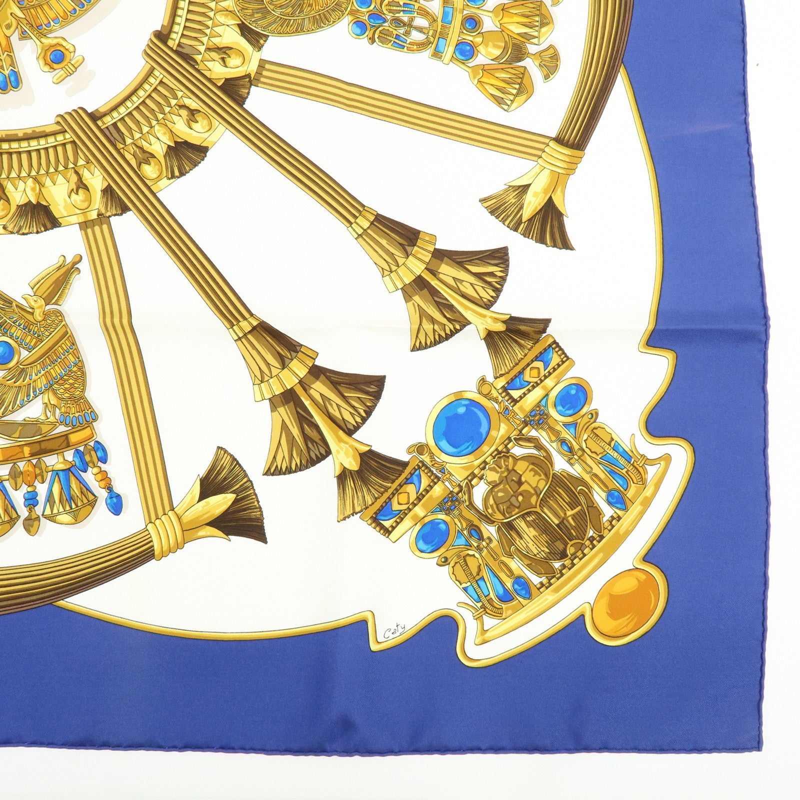 HERMES Carre 90 Silk100% Caty Ancient Egypt Scarab Scarf Blue White