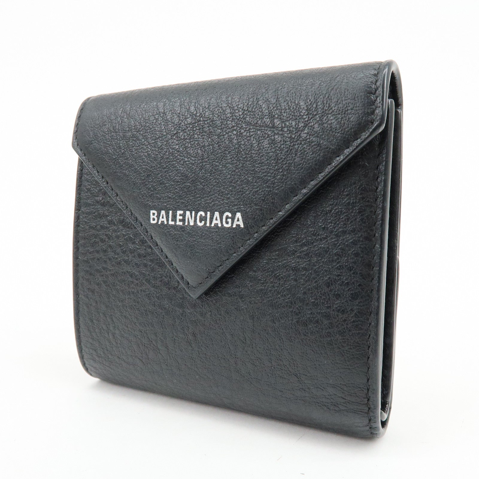 BALENCIAGA Logo Leather Bi-fold Compact Flap Wallet Black 637450