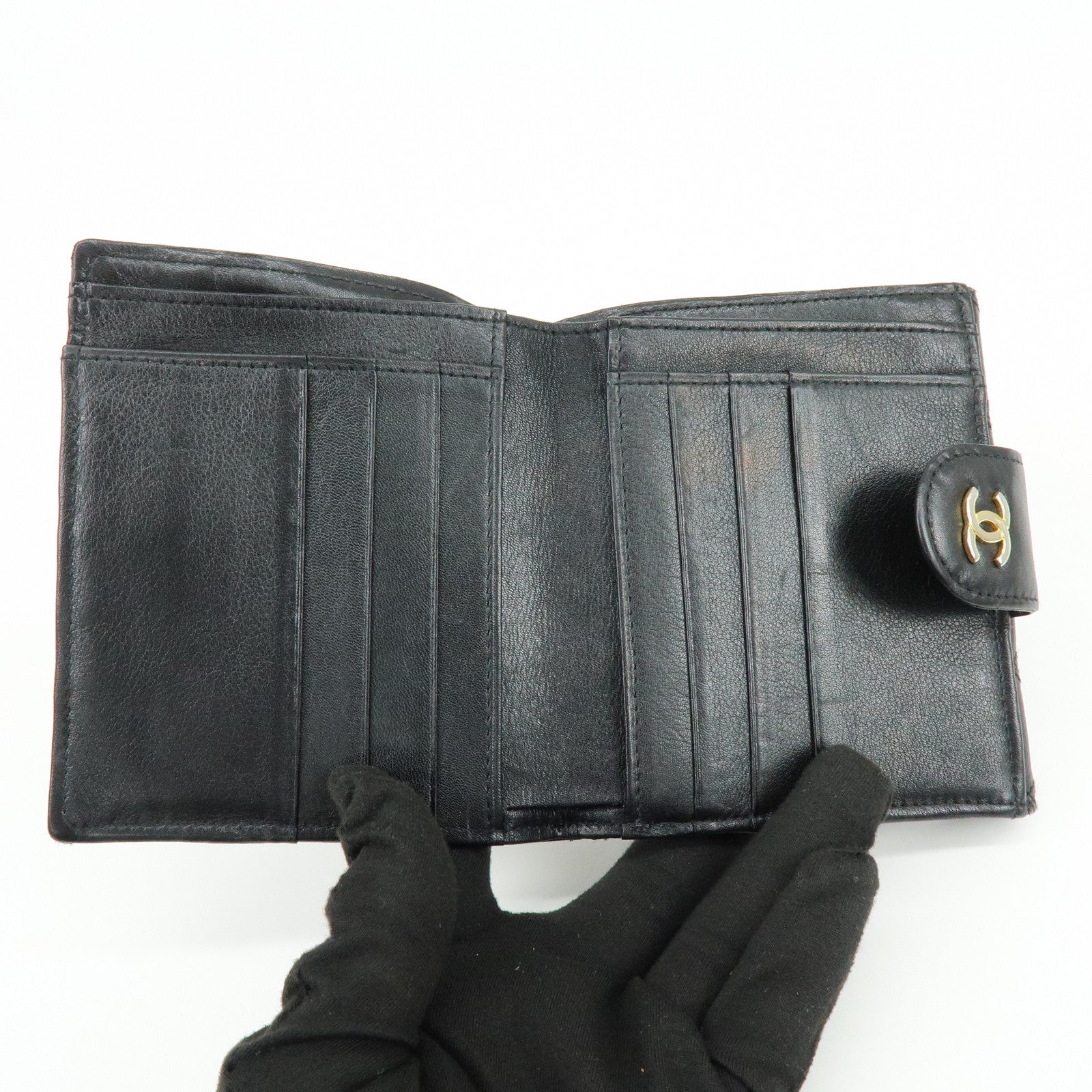 CHANEL Bicolore COCO Mark Calf Leather Compact Bi-fold Wallet Black