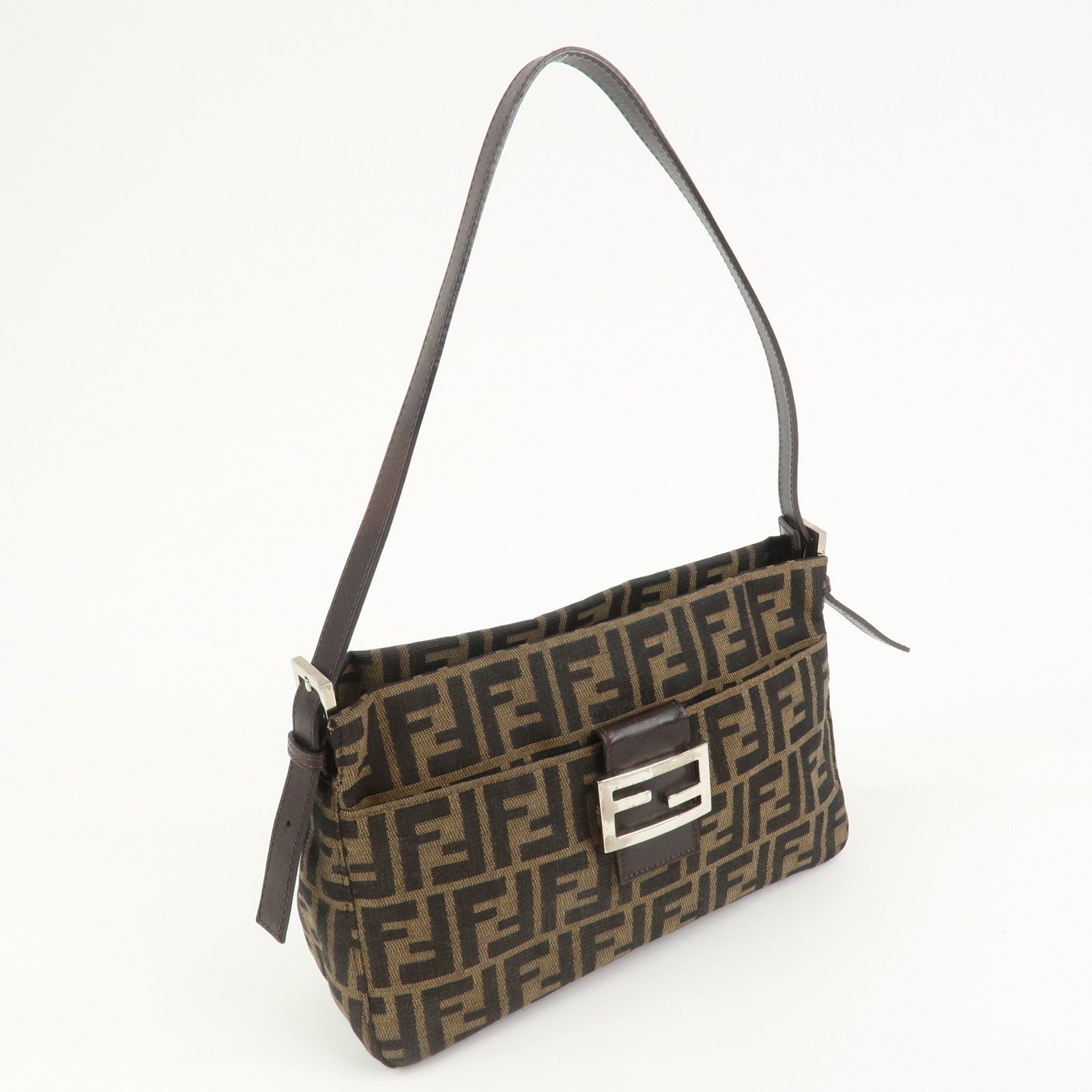 FENDI Zucca Canvas Leather Shoulder Bag Brown Black 26566