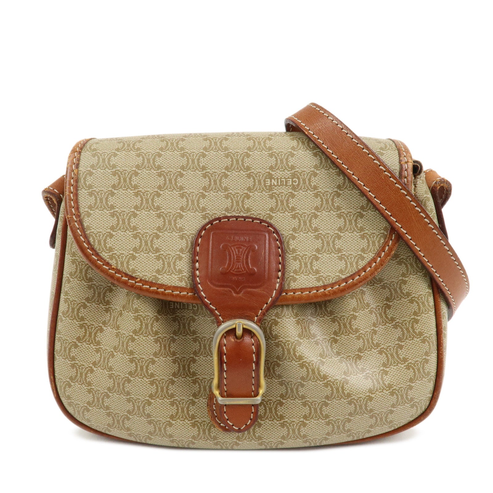 CELINE Macadam PVC Leather Shoulder Bag Beige Brown Gold HDW
