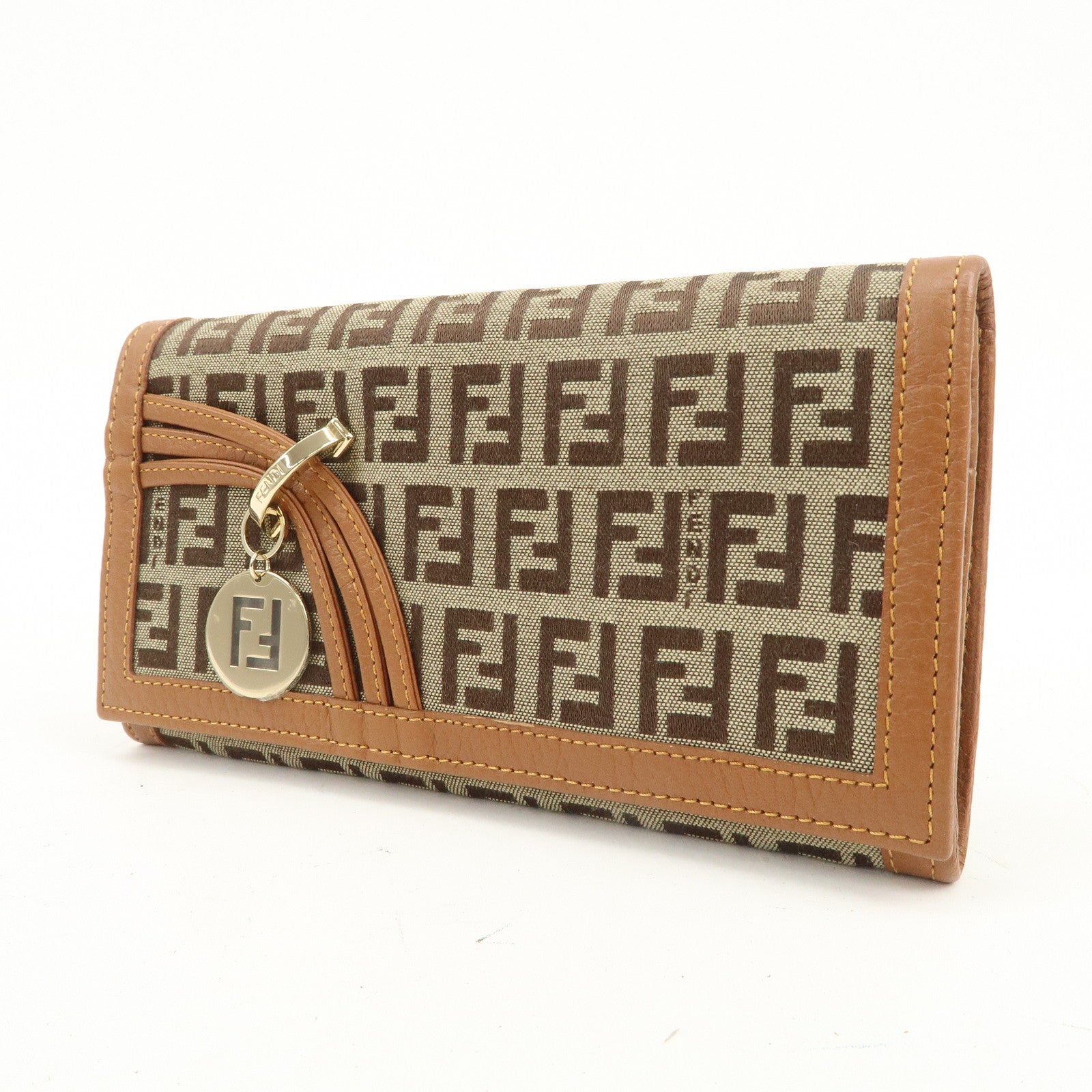 FENDI Zucchino Canvas Long Flap Wallet Camel 8M0179
