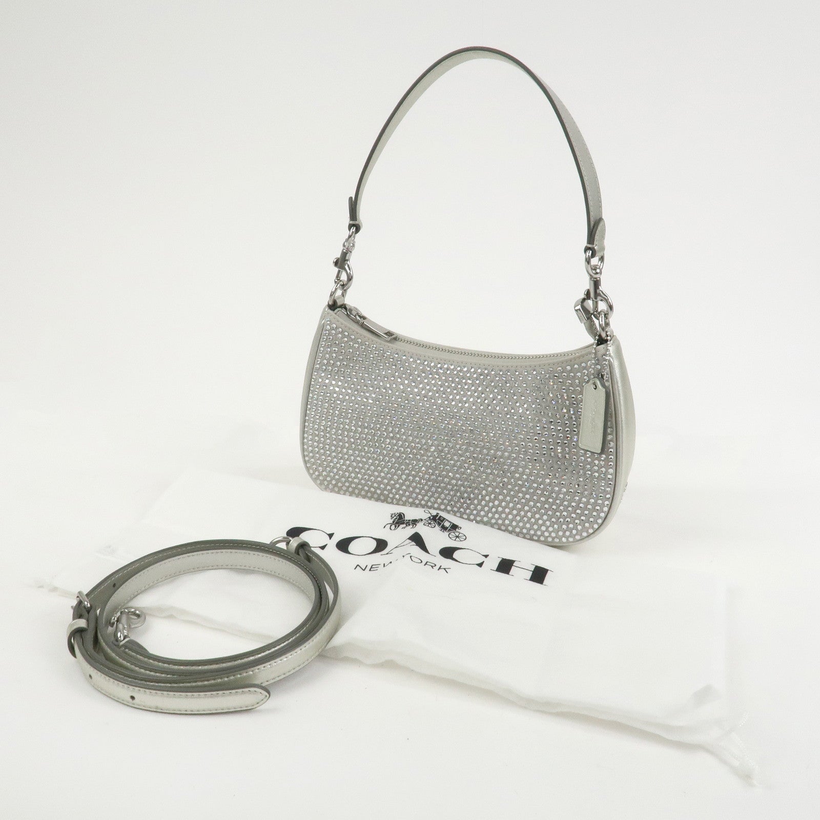 COACH Teri 2Way Leather Shoulder Bag Hand Bag Rhinestone Silver