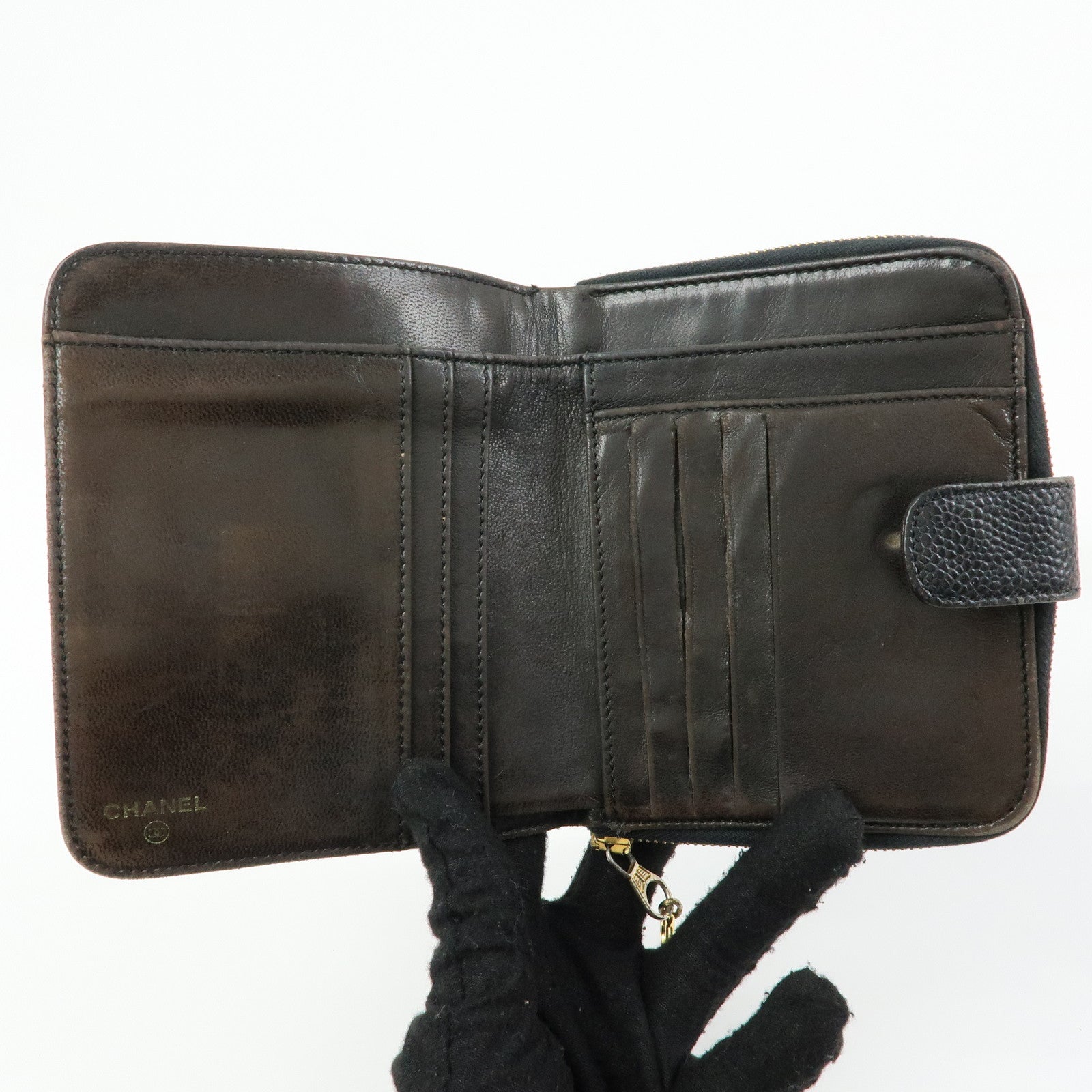 CHANEL COCO Mark Cavairskin Compact Bi-Fold Wallet Black