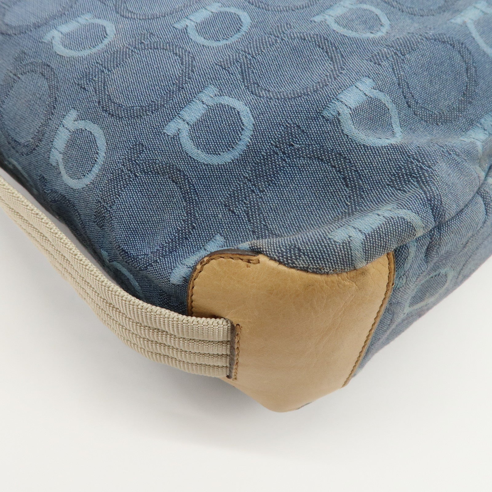 Ferragamo Gancini Canvas Leather Shoulder Bag Hand Bag Blue Beige