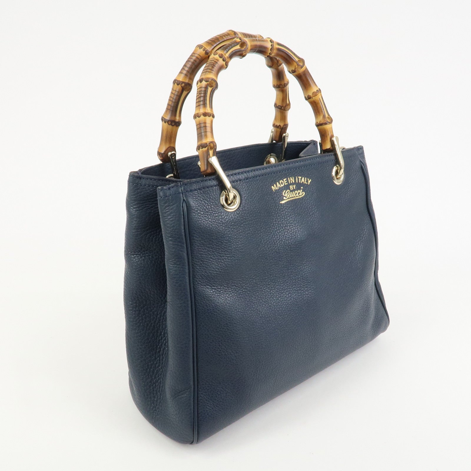 GUCCI Bamboo Shopper Small Leather 2Way Hand Bag Navy 336032