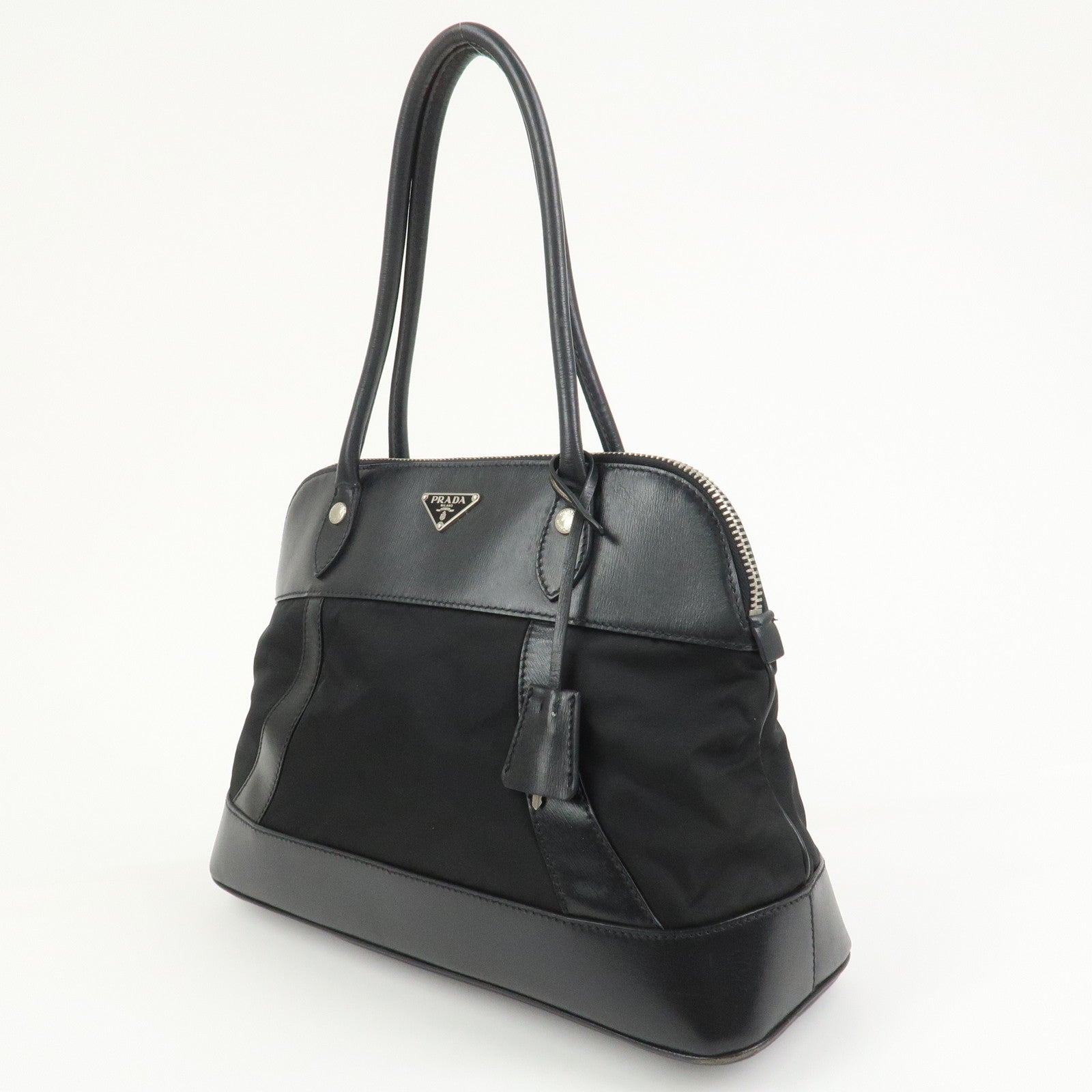 PRADA Triangle Logo Nylon Leather Shoulder Bag Hand Bag Black