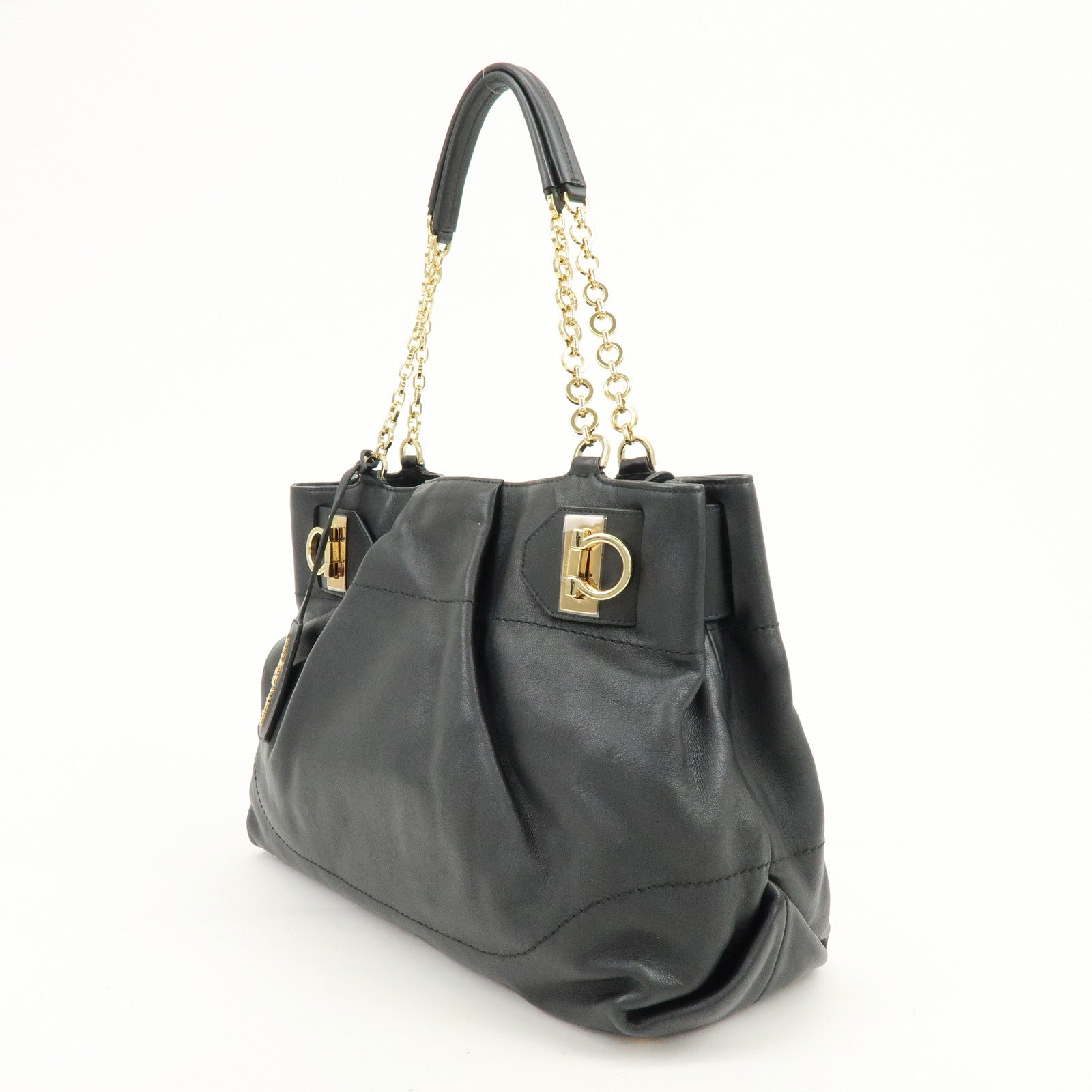 Ferragamo Gancini Leather Tote Bag Hand Bag Shoulder Bag Black