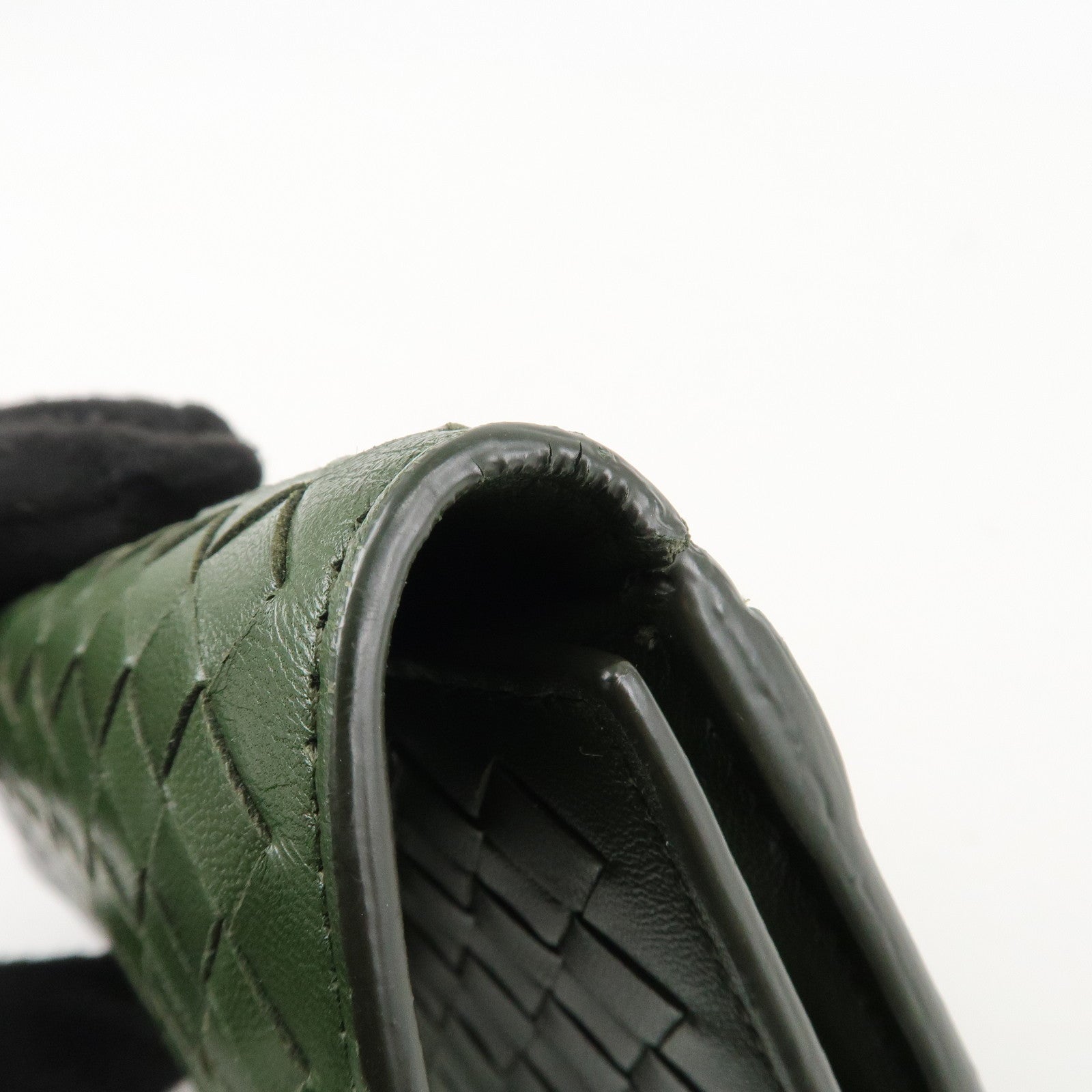 BOTTEGA VENETA Intrecciato Leather Tri-fold Wallet Dark Green Used
