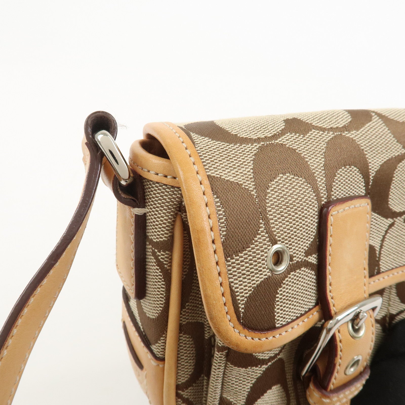 COACH Signature Canvas Leather Shoulder Bag Beige Light Brown