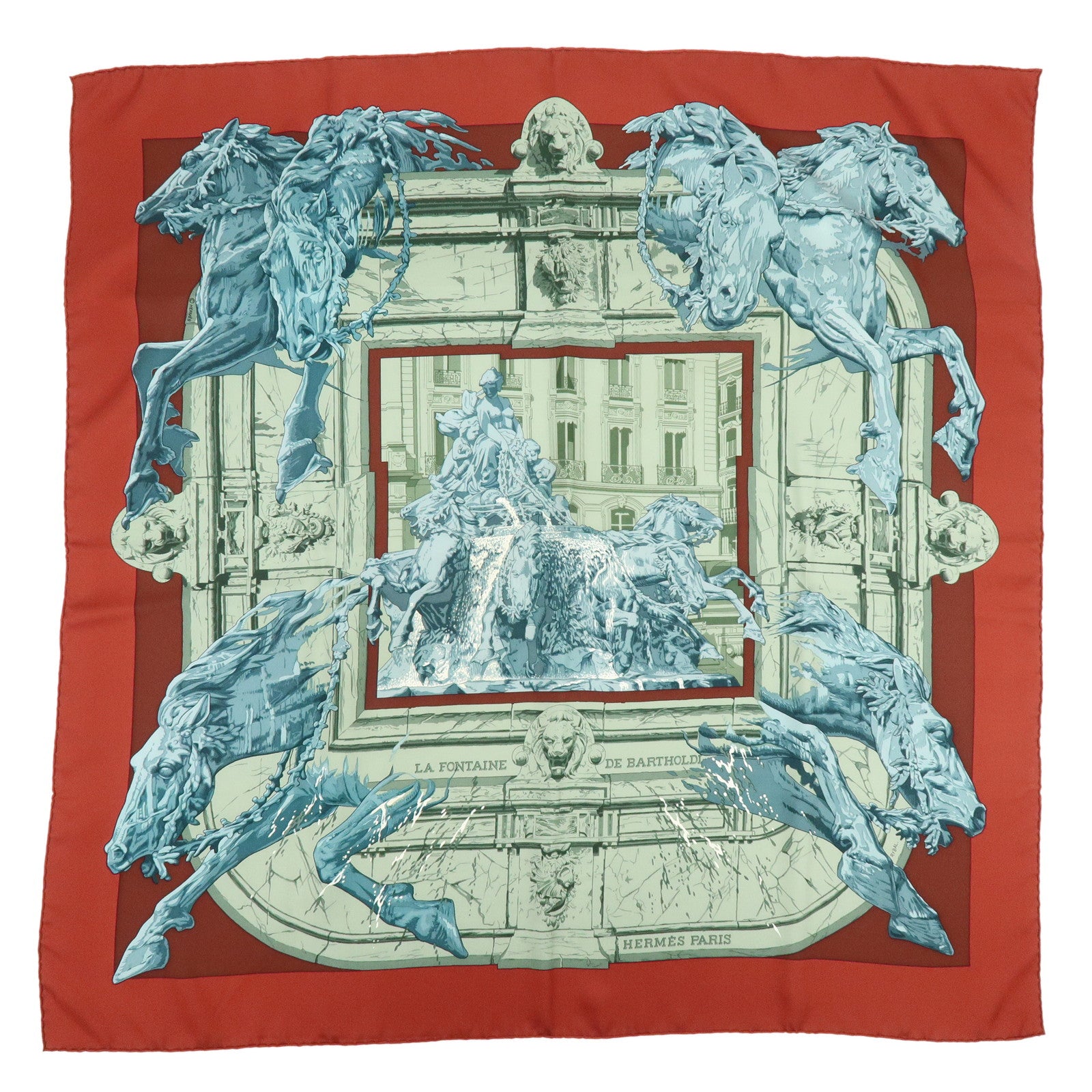 HERMES Carre 90 Silk 100% Scarf LA FONTAINE DE BARTHOLDI Gray Red