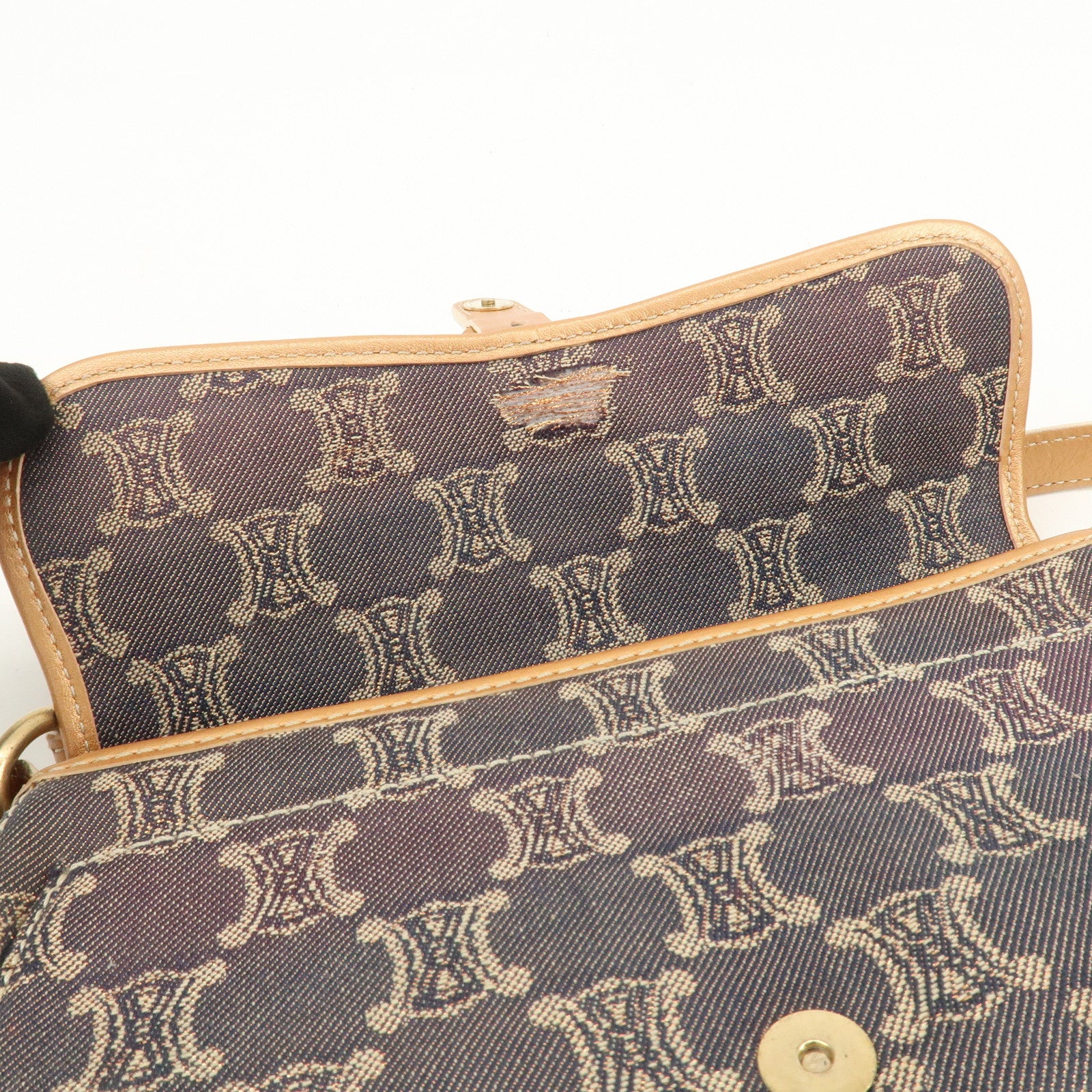 CELINE Macadam Denim Leather Shoulder Bag Metalic Pink Beige Navy