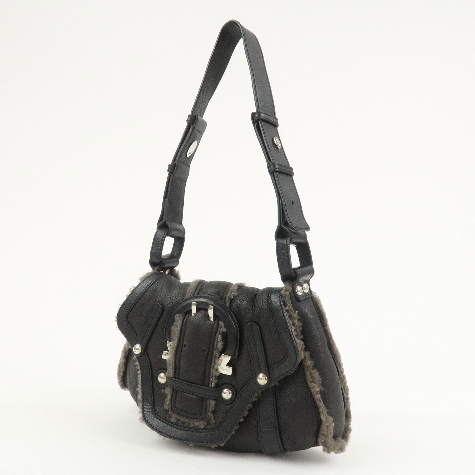 Ferragamo Gancini Mouton Leather Shoulder Bag Hand Bag Black