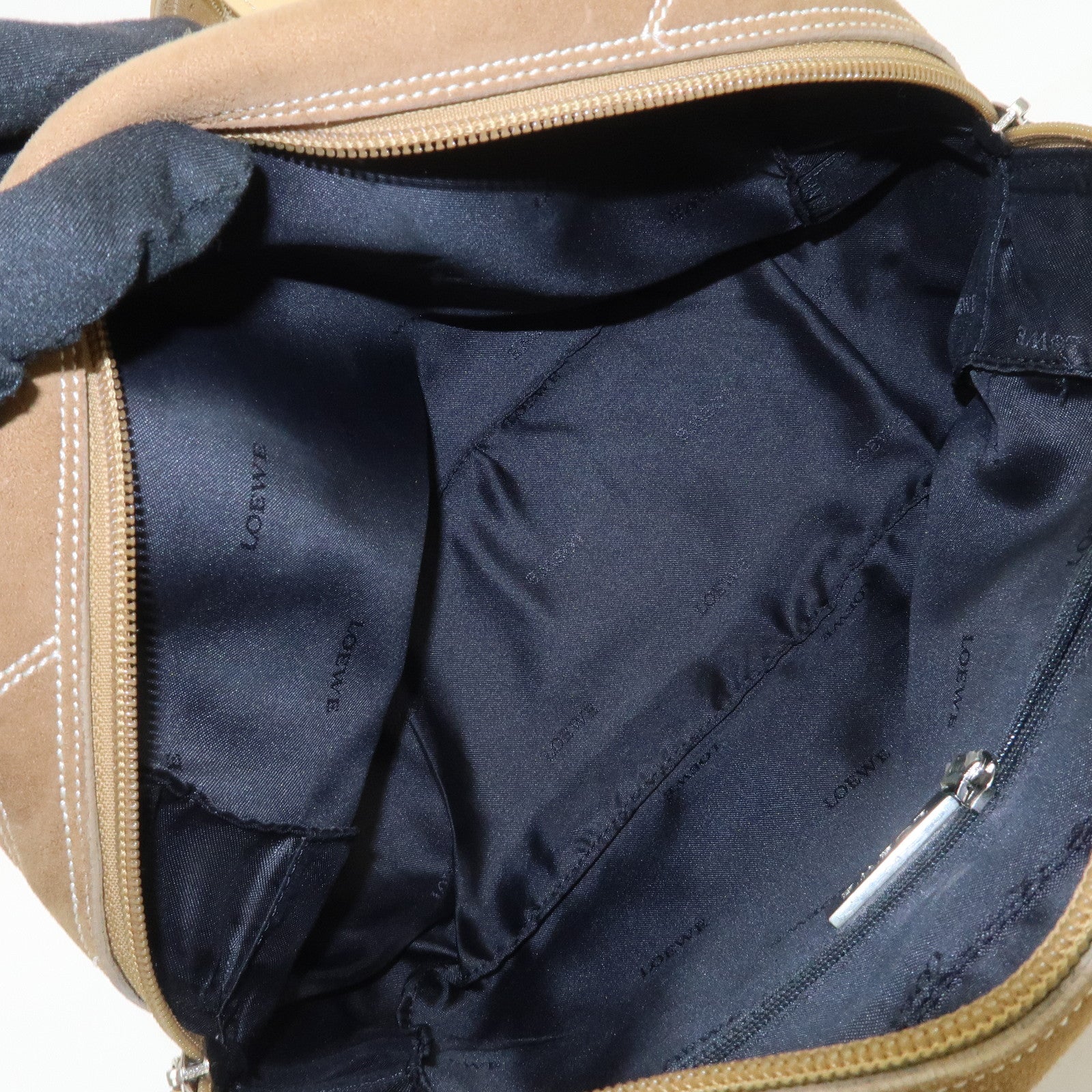 LOEWE Anagram Leather Suede Punching Boston Bag Beige Used