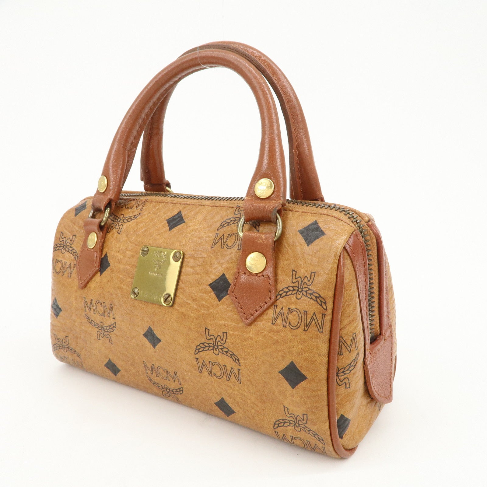 MCM Visetos Leather 2Way Bag Mini Boston Bag Shoulder Bag Brown