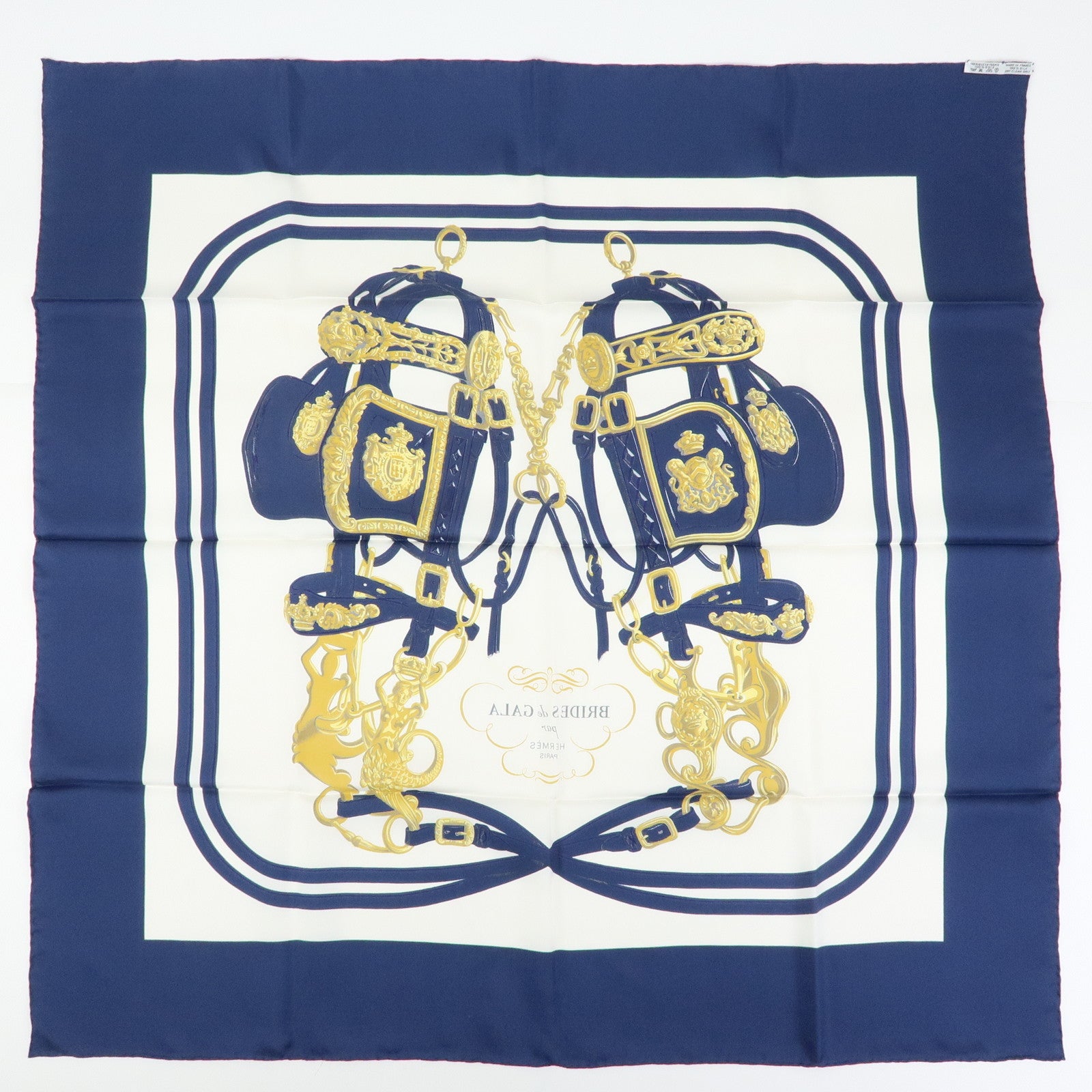 HERMES Carre 90 Silk 100% Scarf BRIDES DE GALA Navy Gold