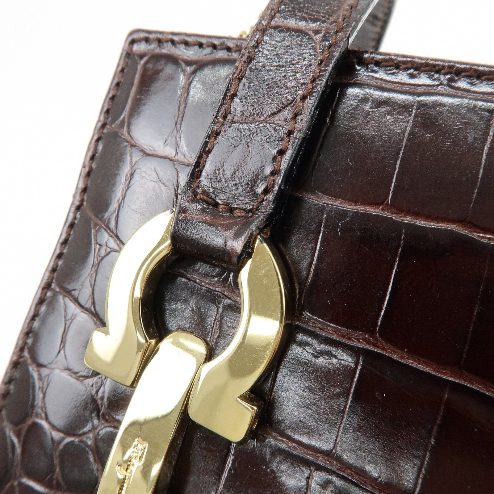Ferragamo Gancini Embossed Leather Shoulder Bag Tote Bag Dark Brown
