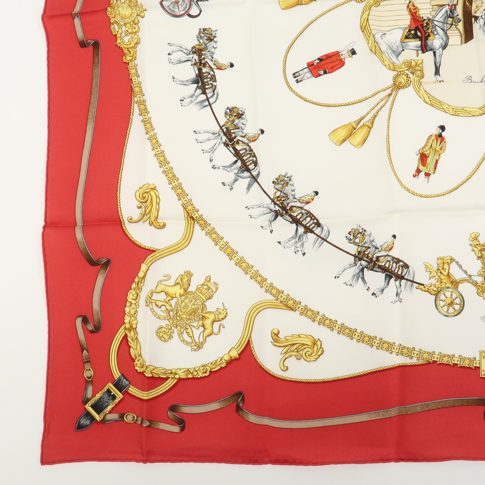 HERMES Carre 90 Silk 100% THE ROYAL MEWS Scarf Red White
