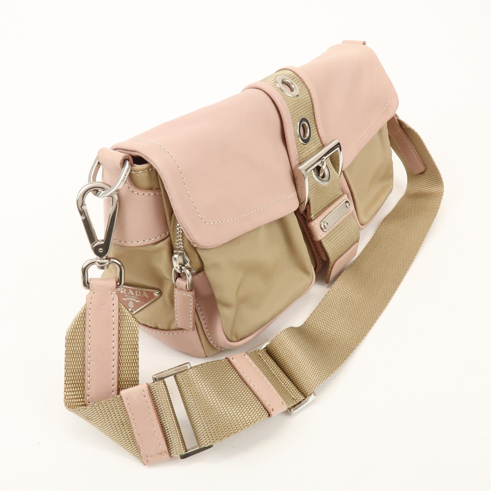 PRADA Triangle Logo Nylon Leather Shoulder Bag Beige Pink BR2417